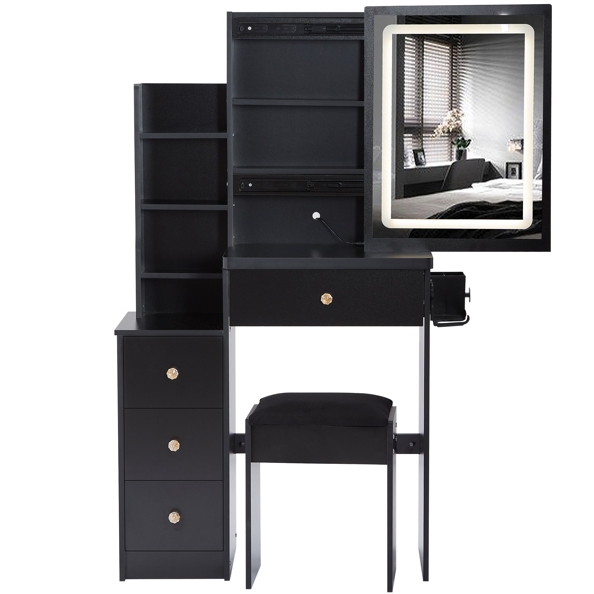 29.2' Small Size Left Bedside Cabinet Vanity Table + Cushioned Stool, 2 AC+2 USB Power Station, Hair dryer bracket, Extra Large Touch Control Sliding LED Mirror, Tri-color Switching, Brightness Adjust