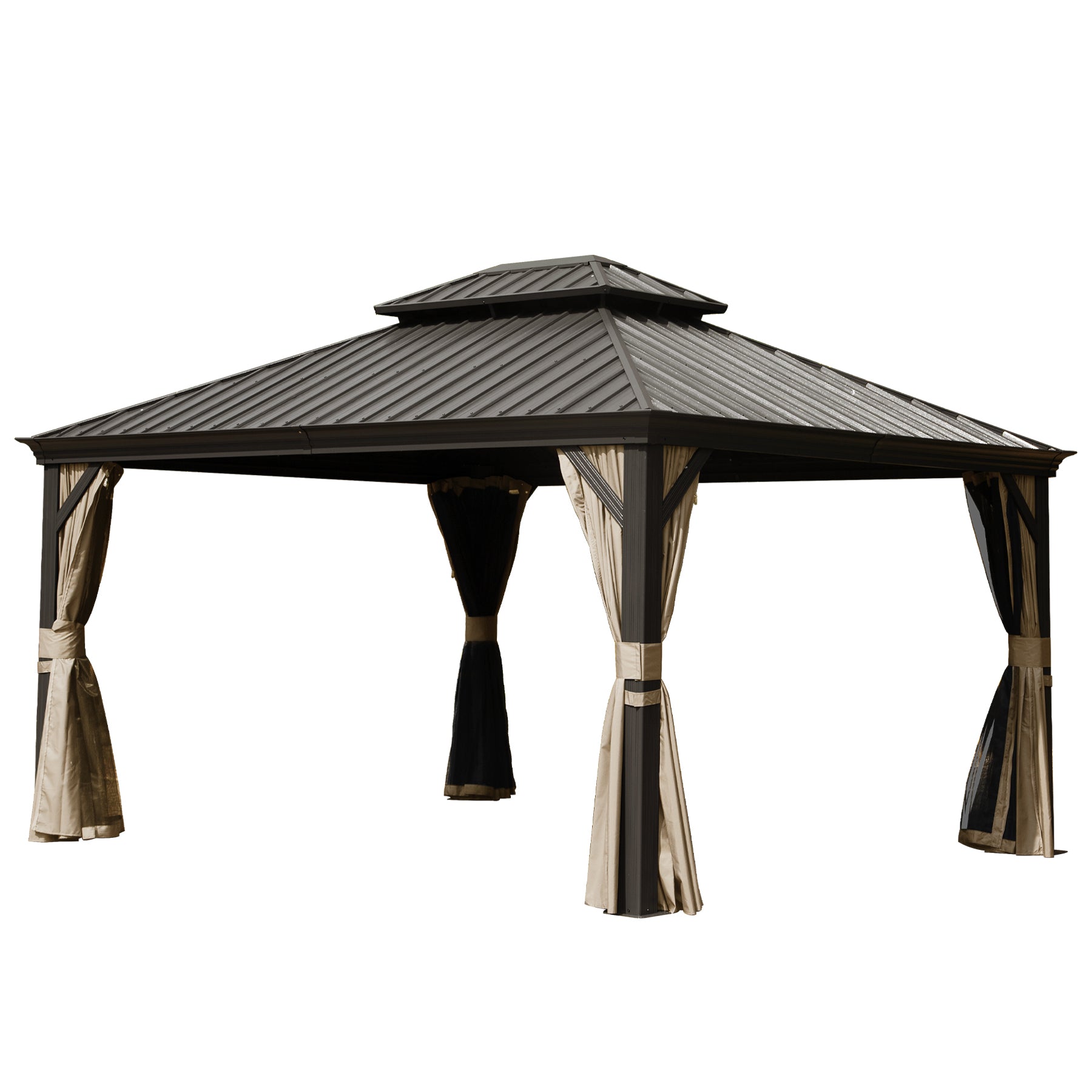 10' X 14' Hardtop Gazebo Permanent Outdoor Gazebo with Galvanized Steel Double Roof, Aluminum Frame, Curtains and Netting for Patio Lawn and Garden, Brown