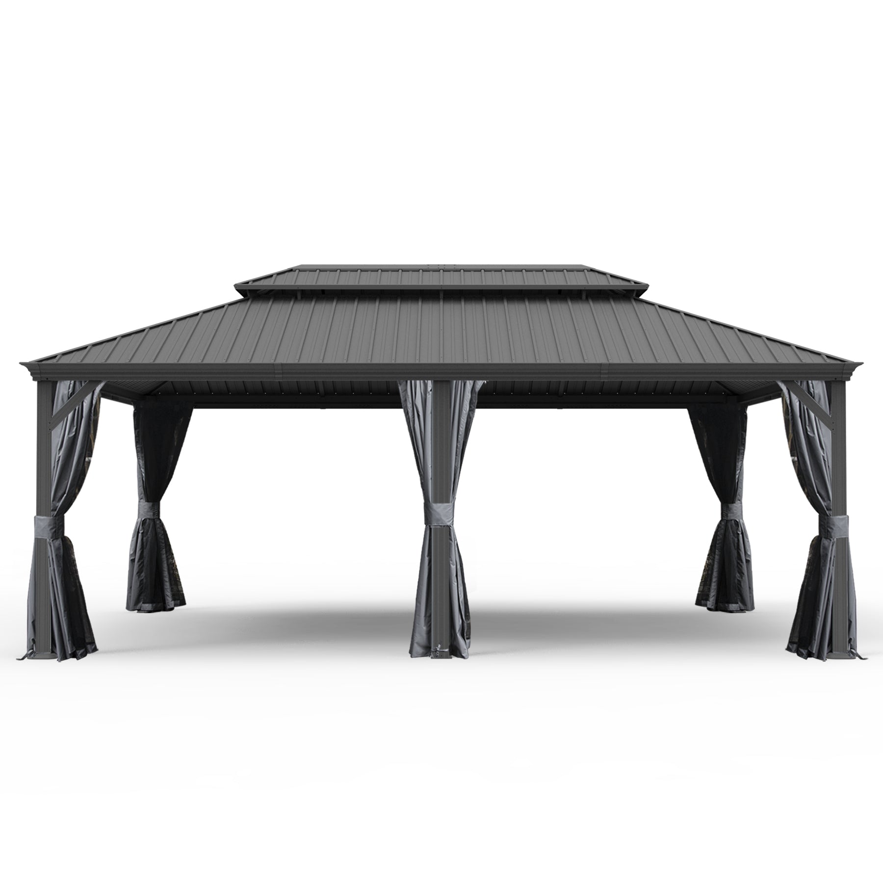 14' X 20' Hardtop Gazebo, Upgraded Metal Gazebo with Drainage System, Dual-Layer Galvanized Steel Roof, Curtain and Netting, Outdoor Shelter Canopy for Patio, Garden, and Backyard, Grey