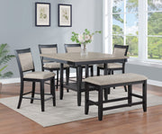 6pc Dining Set Contemporary Farmhouse Style Counter Height w 20-Inch Lazy Susan Light Gray Tow-Tone Finish Upholstered Chairs Bench Wooden Wood Veneers Solid Wood Dining Room Furniture