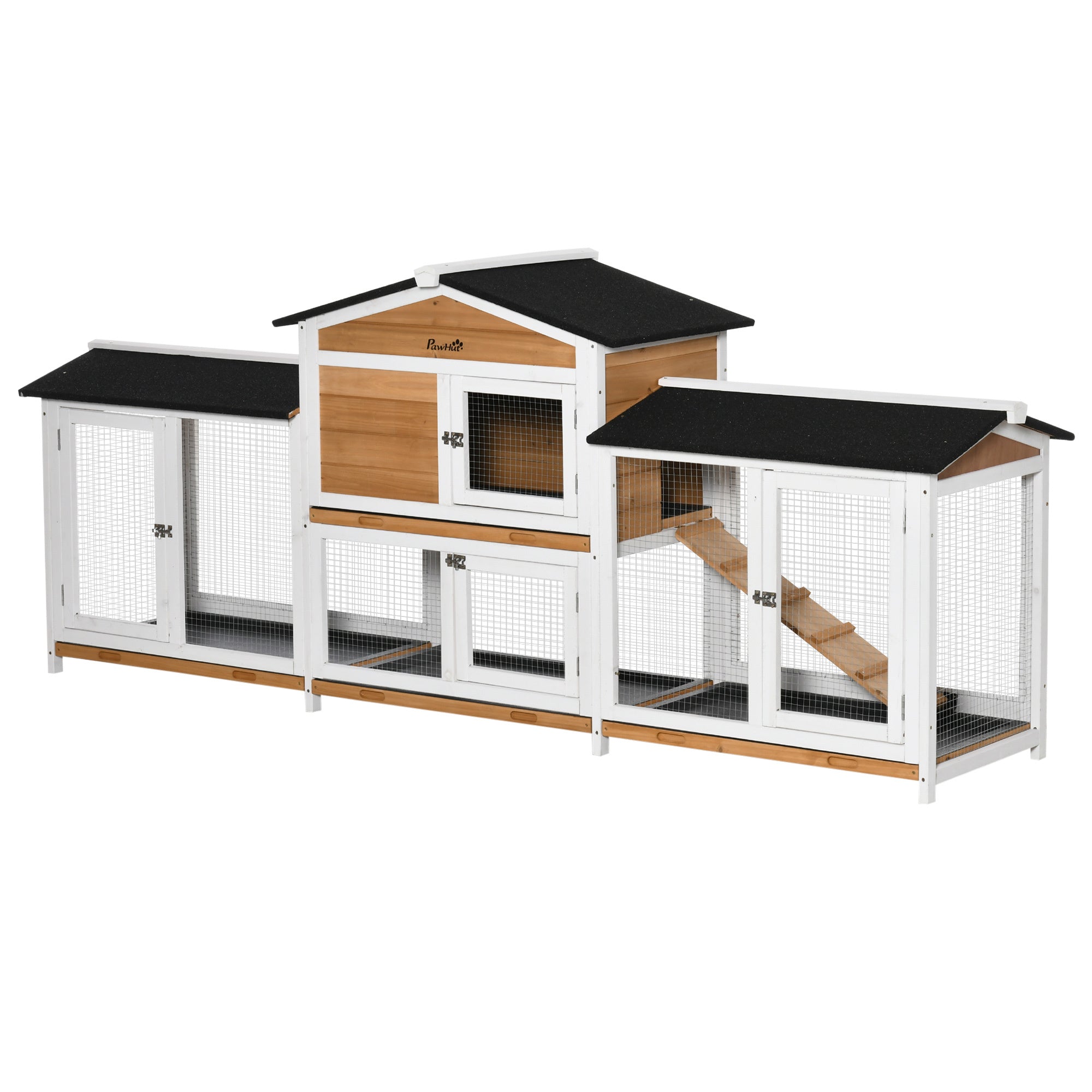 PawHut 90.5' Wooden Rabbit Hutch Bunny Cage Pet Playpen House Enclosure with Double Side Run Boxes, No Leak Tray, Ramp, for Guinea Pig and Small Animals, White