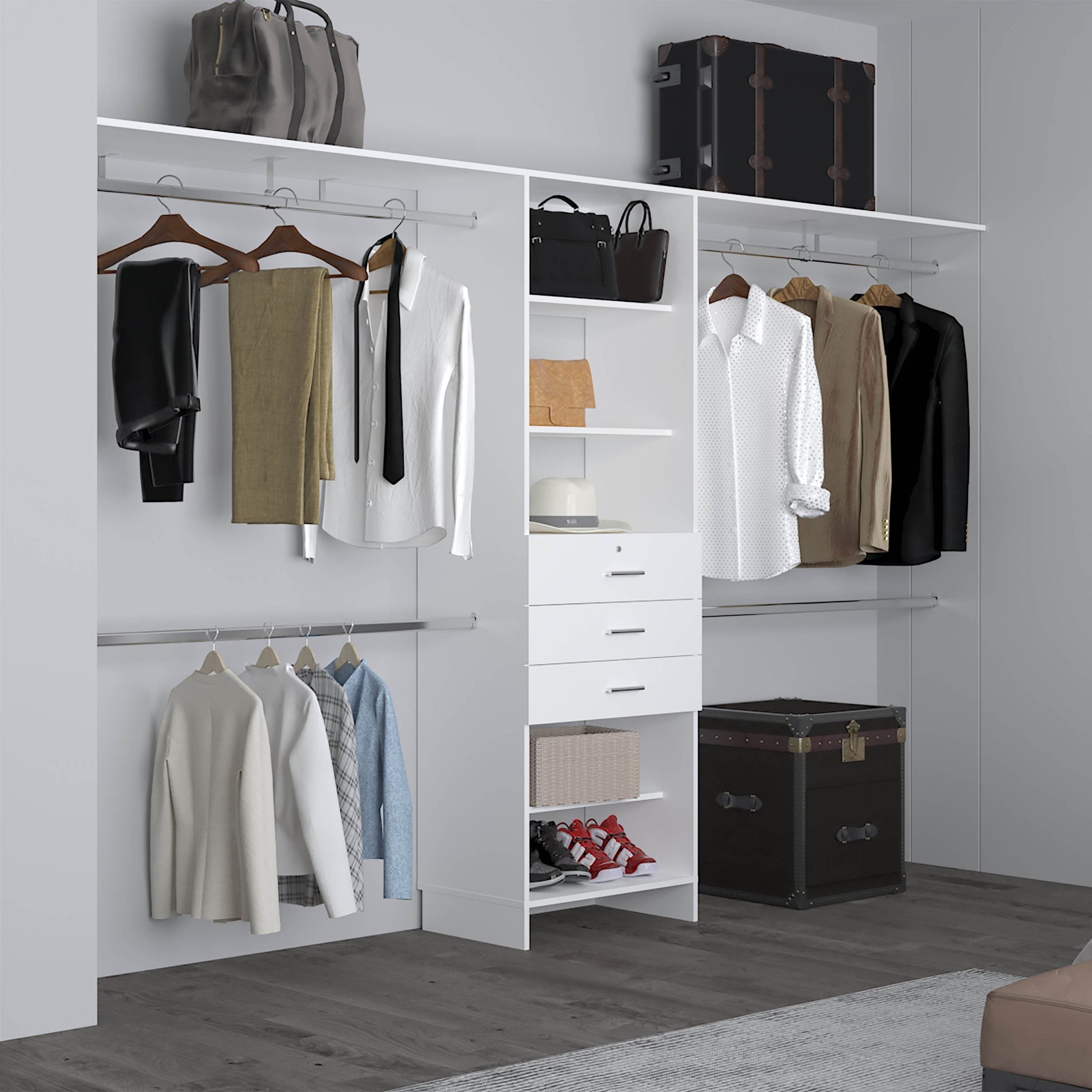 Closet System, 3 Drawers, 5 Shelves