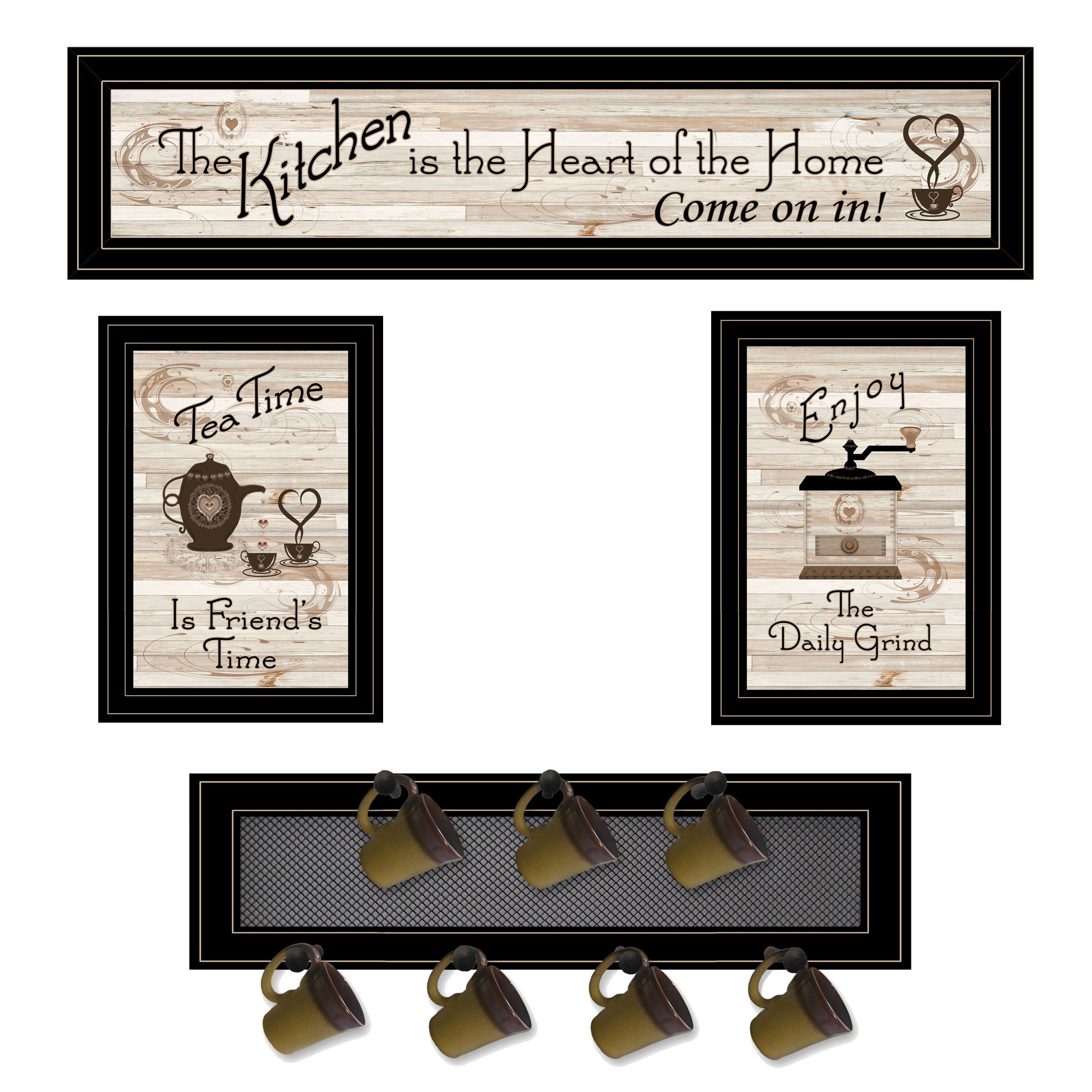 'Kitchen Collection IV' 4-Piece Vignette with 1-(7Pegs) Mug Rack, Black Frame