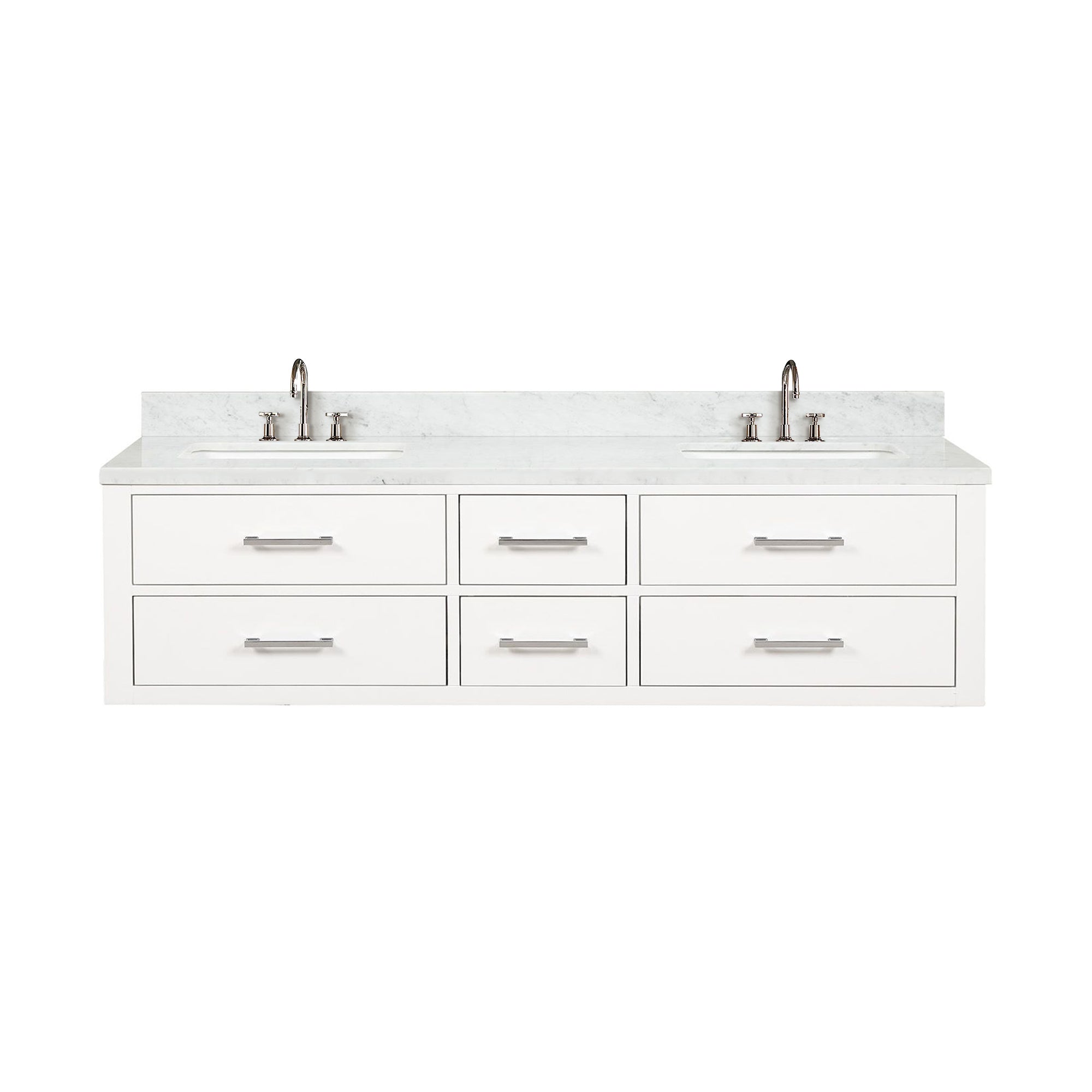 White Double Bath Vanity 72 in. W x 22 in. D, Carrara Marble Top, and Faucet Set
