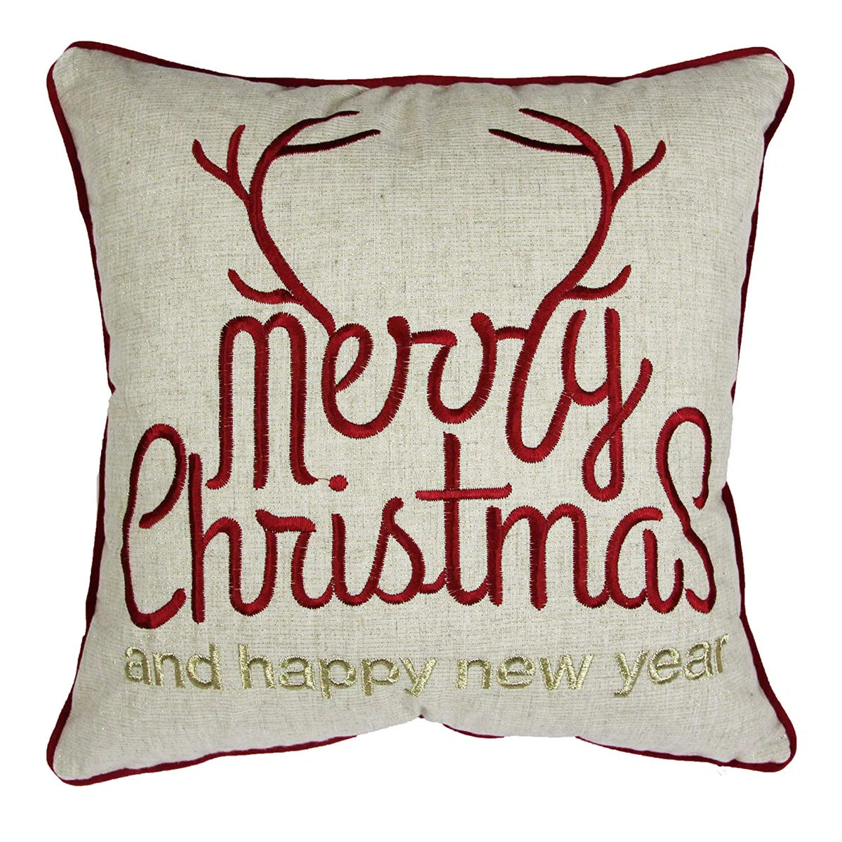 Merry Christmas and Happy New Year Throw Pillow – 20x20 Linen Look with Gold Accents and Insert