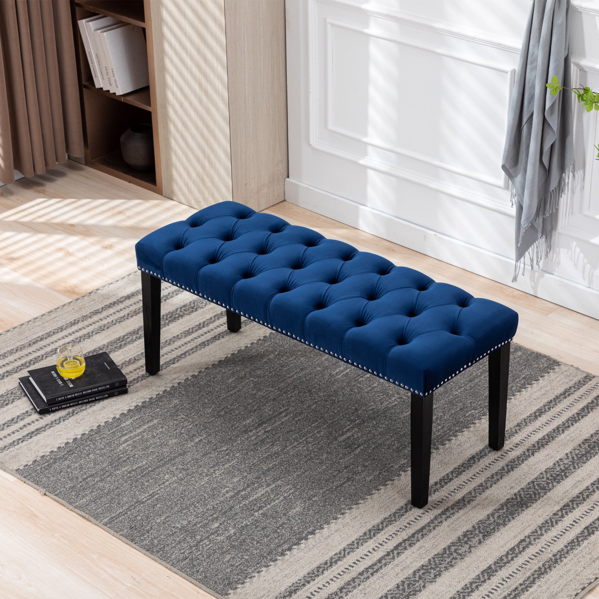Heng Ming Upholstered Tufted Bench Ottoman , Velvet Dining Bench Bedroom Bench  Footrest Stool Accent Bench for Entryway Dining Room Living Room, Blue