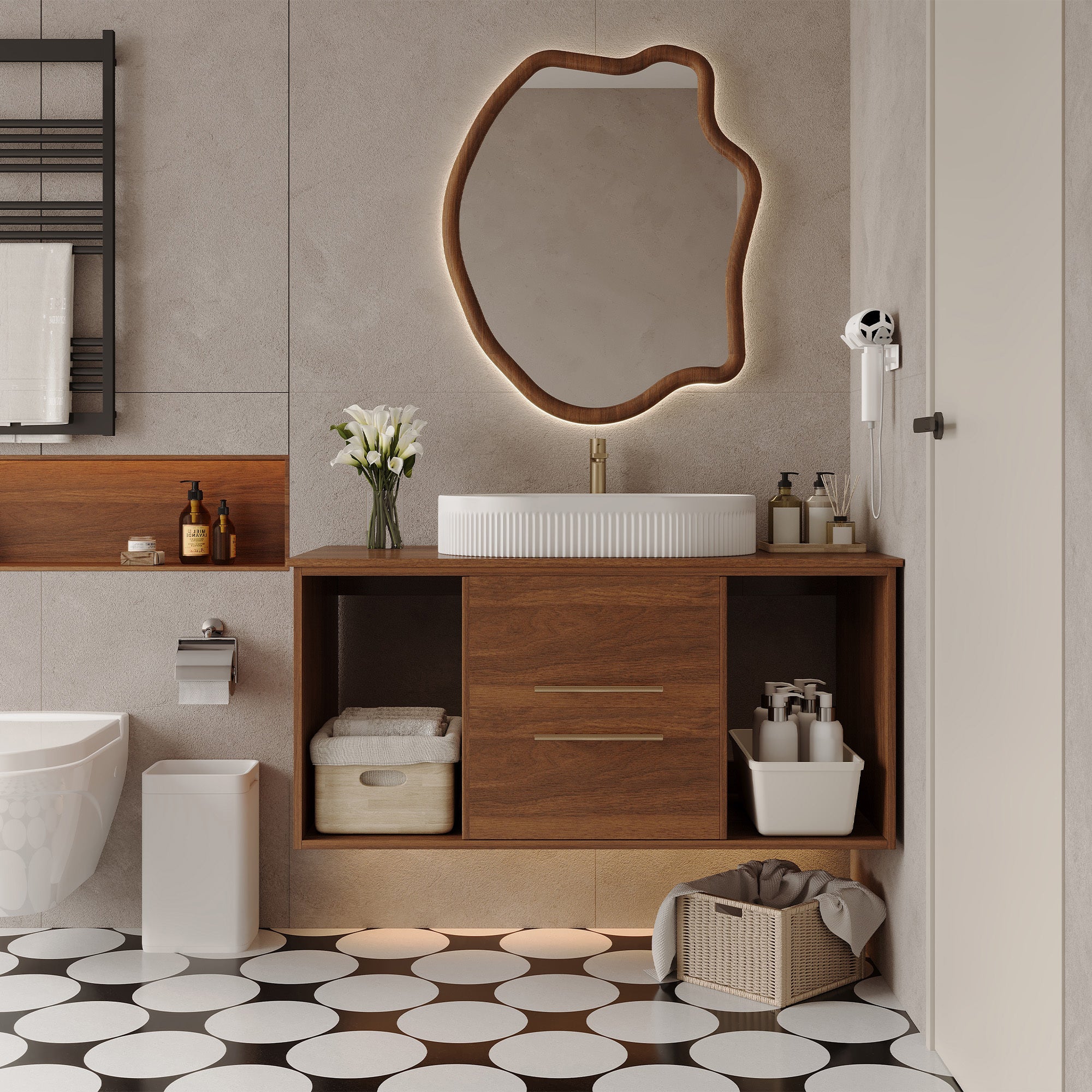 Modern 39.4 Wall-Mounted Bathroom Vanity with Oval Ceramic Sink Floating Vanity Multi-Layer Solid Wood Cabinet Soft-Close Drawers Open Shelf Storage