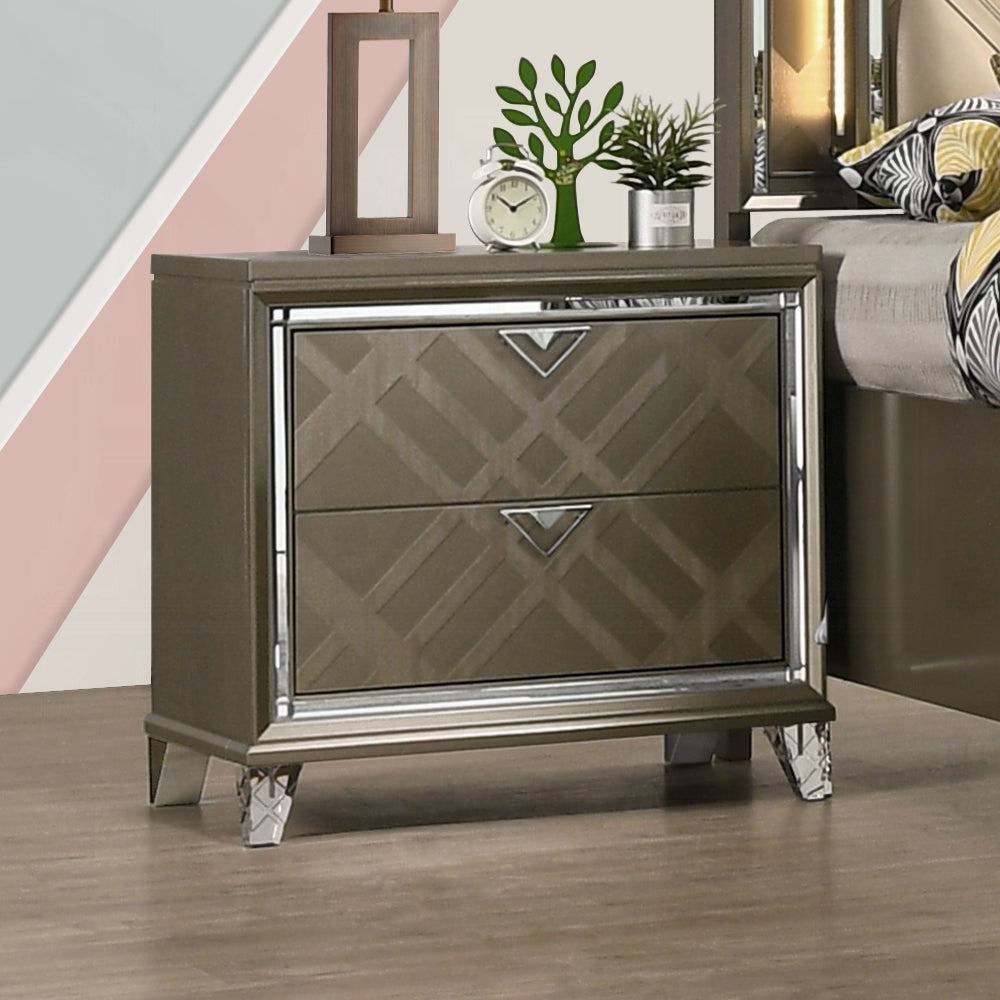 Modern Glam Bedroom Furniture Dark Champagne Finish Nightstand with 2 Drawers Wooden 1pc Acrylic Legs