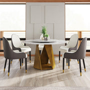 53' Round Marble Dining Table with Bronze Iron Metal Base, Artificial Marble for 6 People, 23.62'White Artificial Stone Turntable,White (With 6 chairs)