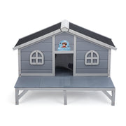 All Weather Wooden Cat House, Indoor Outdoor Cat Enclosure with Play Pen, Cozy Fringe Curtains, Lockable Doors for Kittens and Large Cats, Gray