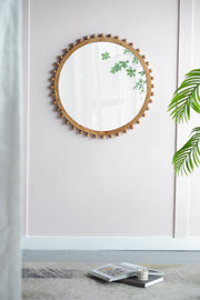 D34' Wood Round Mirror with Beaded Frame, Circle Wall Mirror for Living Room Bedroom Entryway
