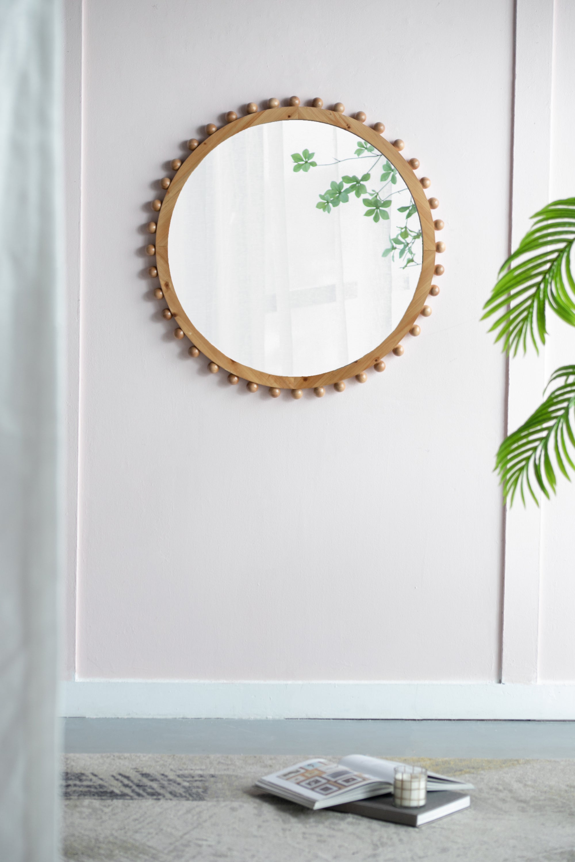 D34' Wood Round Mirror with Beaded Frame, Circle Wall Mirror for Living Room Bedroom Entryway