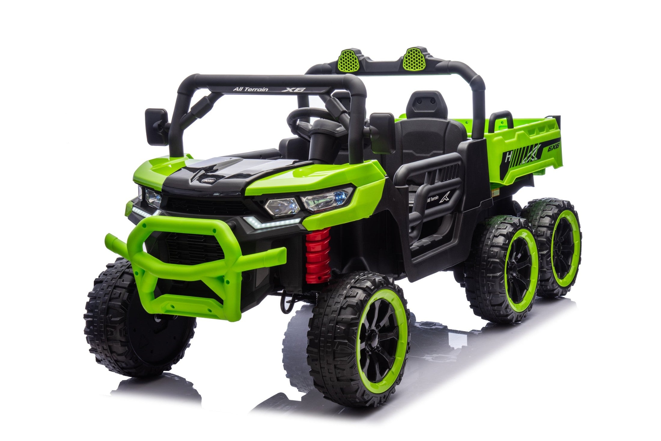 24V 2 Seater Ride on Dump Truck, 4WD 6-Wheel Ride on Toys for Big Kids with Remote Control, Ride on UTV Car with Electric Dump Bed, Toy Shovel, LED Lights & Music, Suspension Spring - Ages 3+