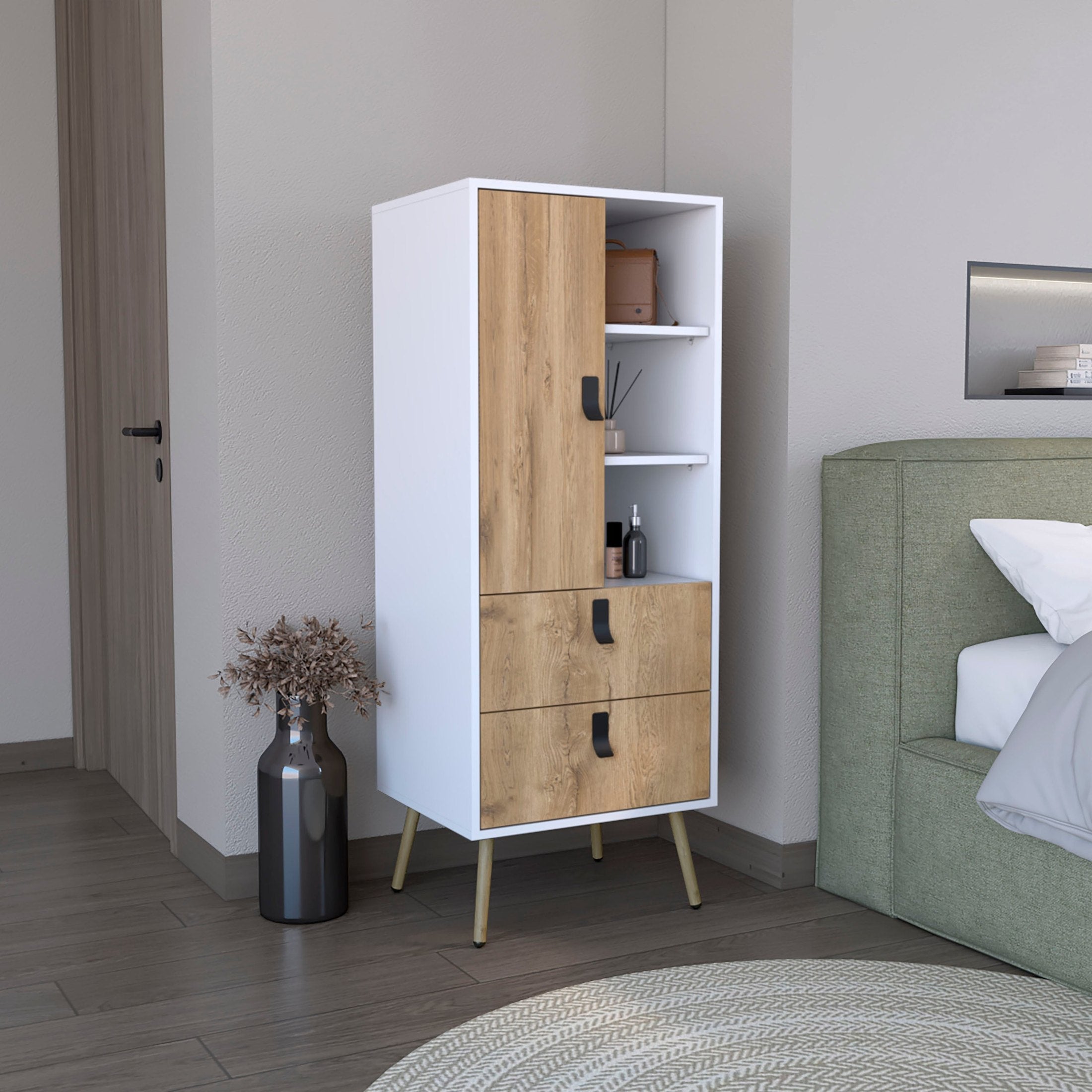Dresser 52'H Stylish Bedroom Storage Solution with 3 Open Shelves, 2 Drawers, and 1 Door, White / Macadamia