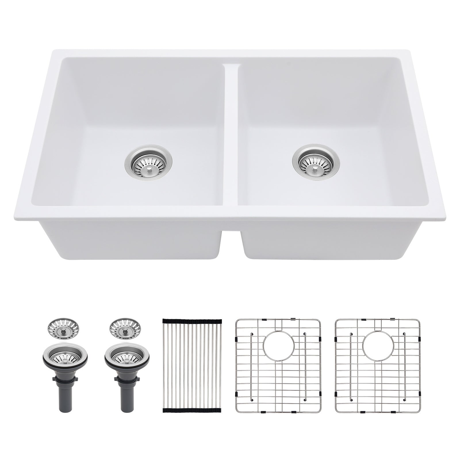 Quartz Kitchen Sink - Double Bowl White Granite Composite Undermount 33' x 19'