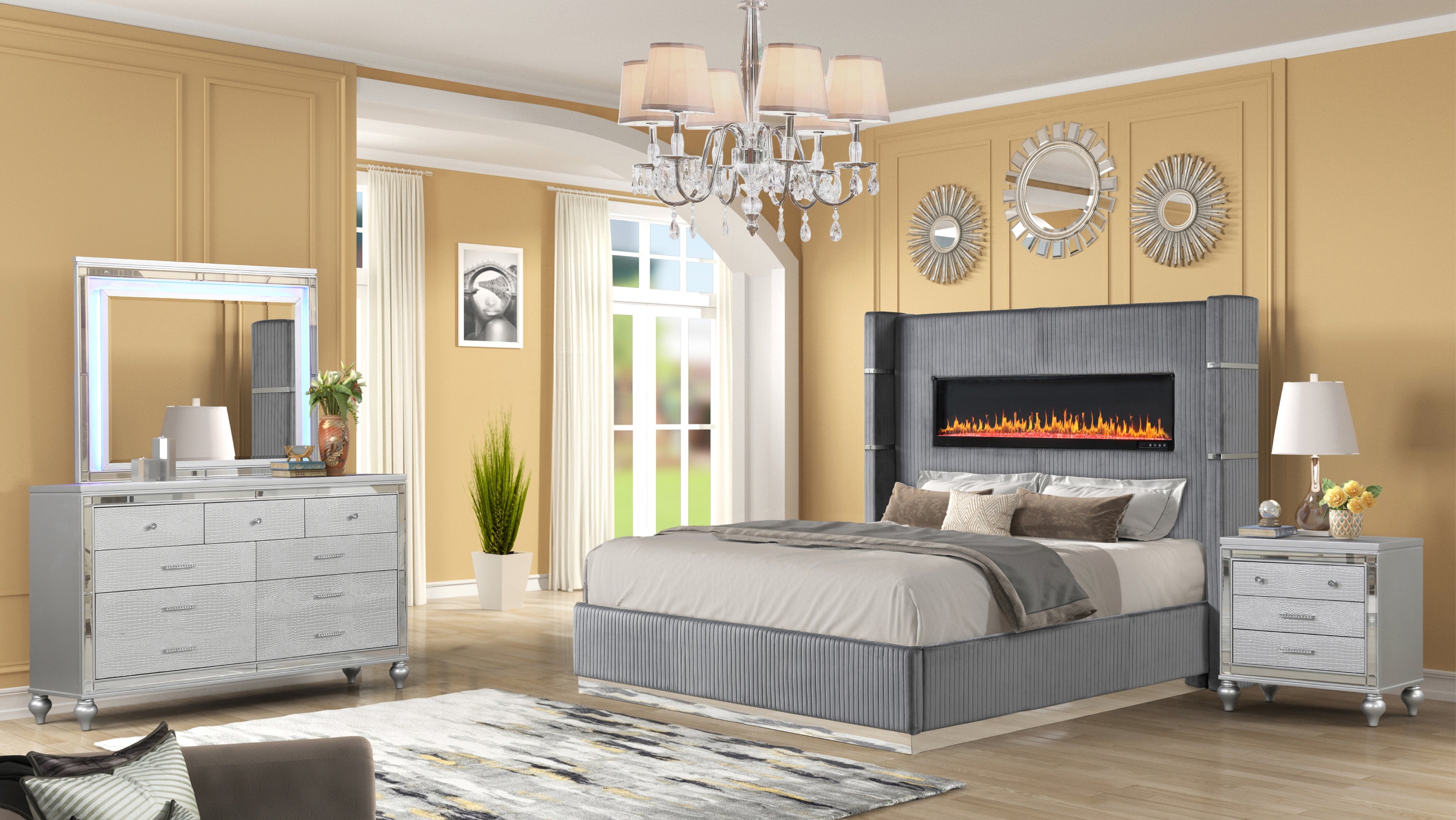 LIZELLE Upholstery Wooden Queen 4 PC Bedroom set with Ambient lighting in Gray Velvet Finish(CA INVENTORY)