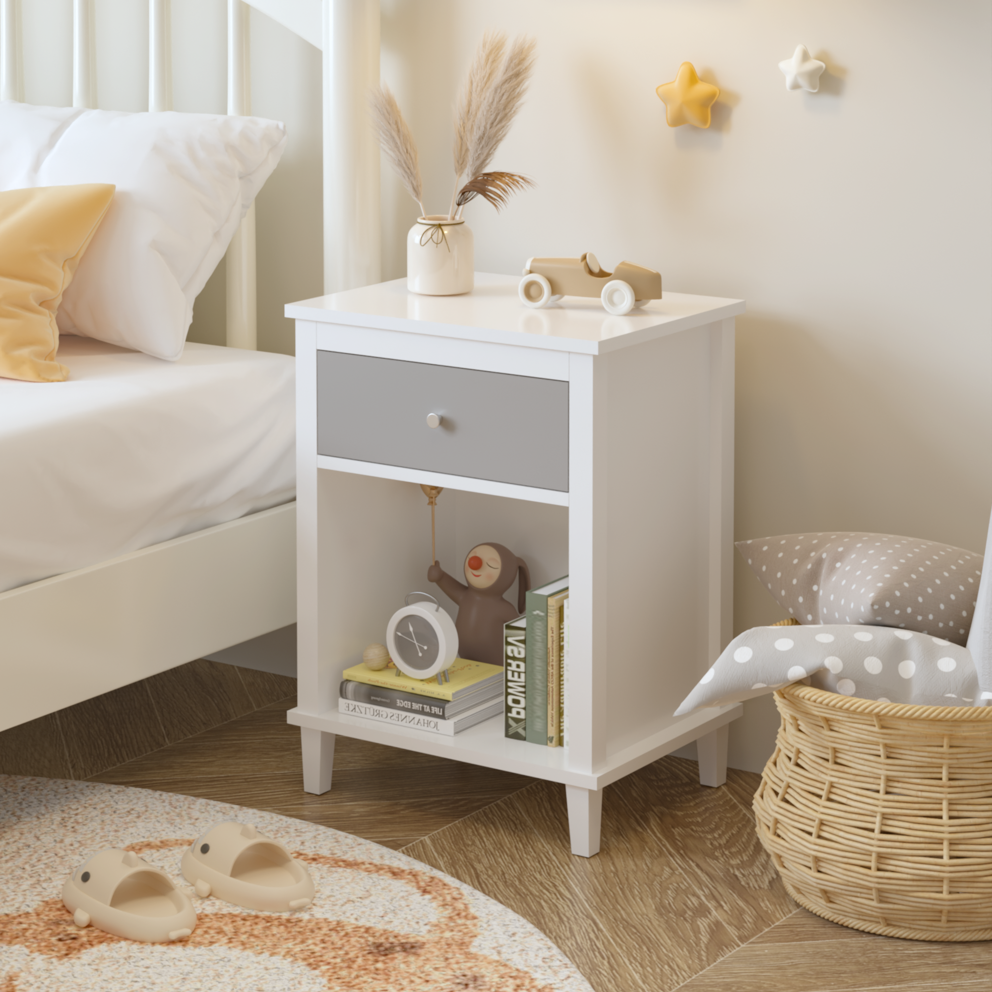 26.77''H Wooden Nightstand with One Drawer One Shelf for Kids, Adults,Gray+Silver handle