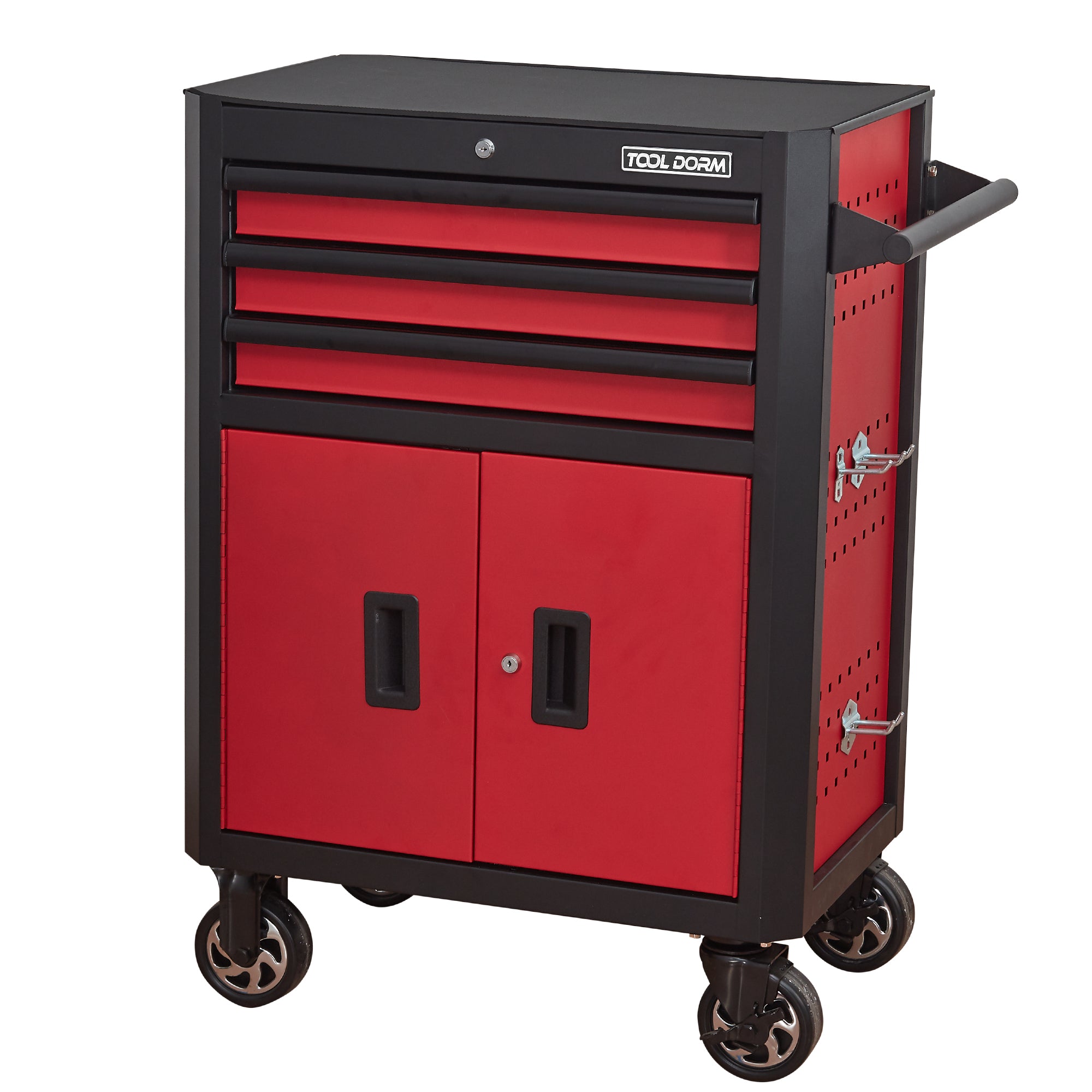 28 Inch 3-Drawer Rolling Tool Chest with Wheels, Steel Tool Cabinets with Drawers, Liners and Locking System for Warehouse, Garage, Black and Red