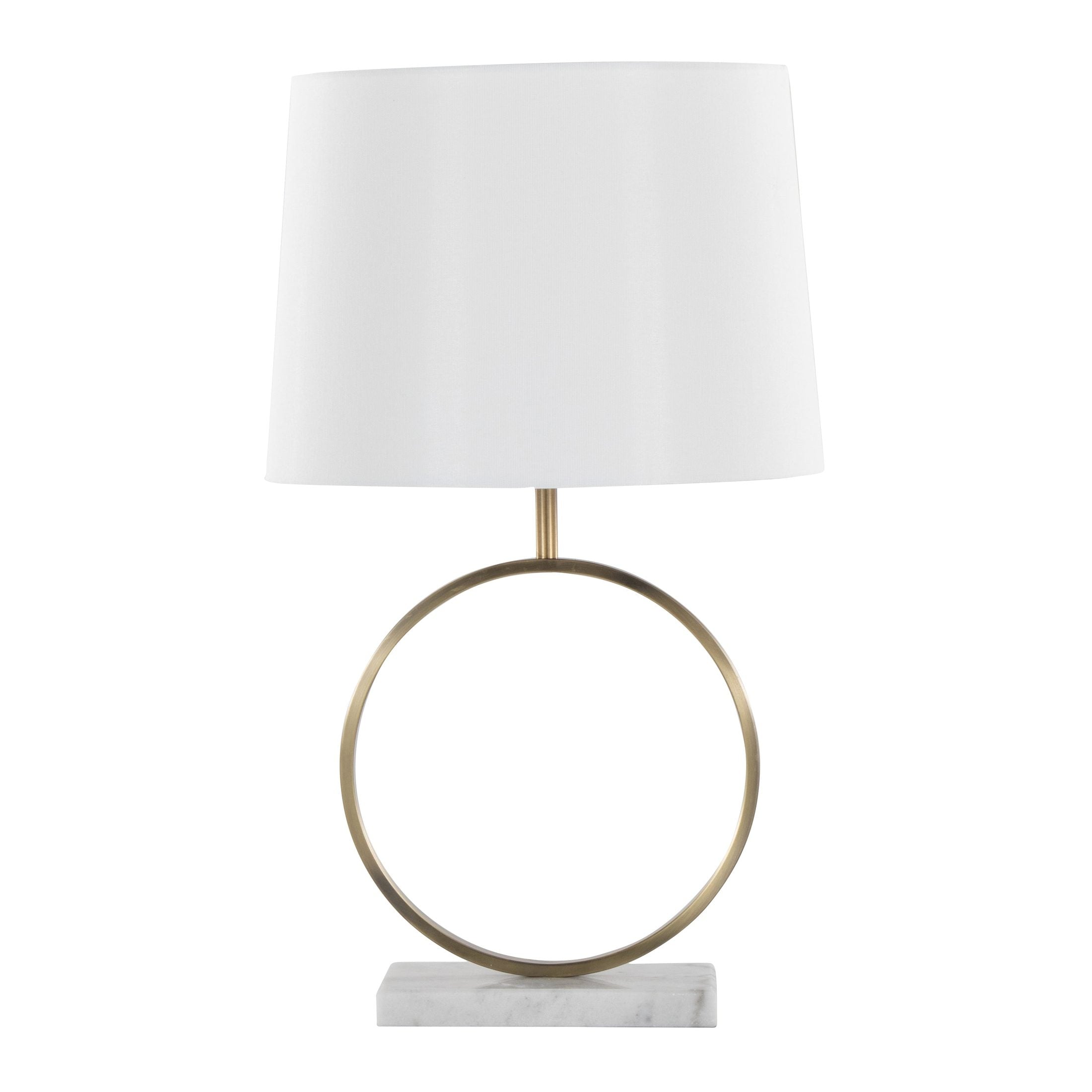 Moon Contemporary Table Lamp in White Marble, Gold Metal and White Shade by LumiSource