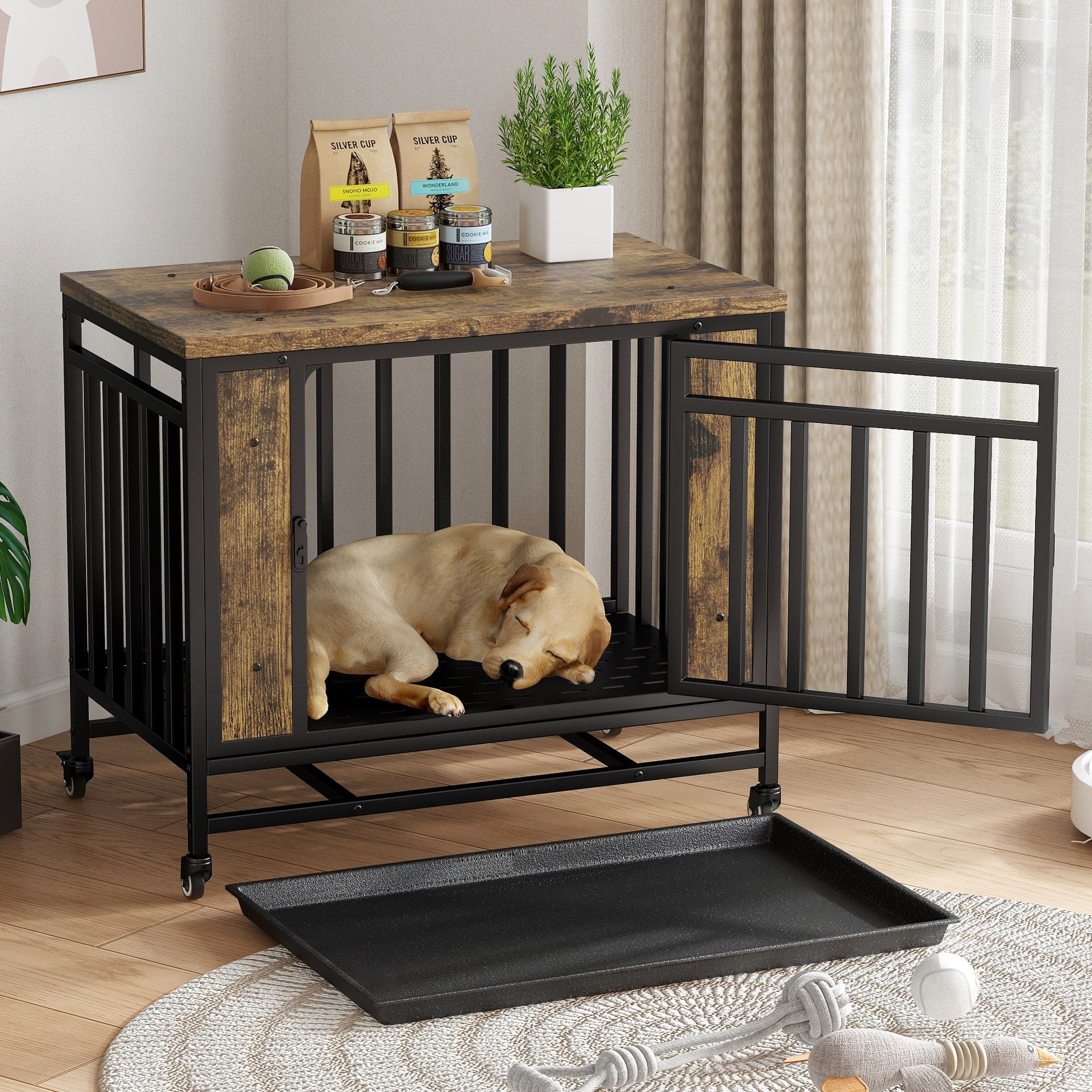 Dog House Furniture, Wooden Dog House Dining Table with Iron Door and Tray for Medium/Small Dogs Indoors, Vintage Wooden Color