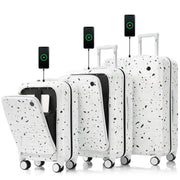 Luggage Set of 3, 20, 24, 28inch with USB Port, 20, 24inch with front opening design Airline Certified Carry on Luggage with Cup Holder, ABS+PC Hard Shell Luggage with Spinner Wheels, starry sky white