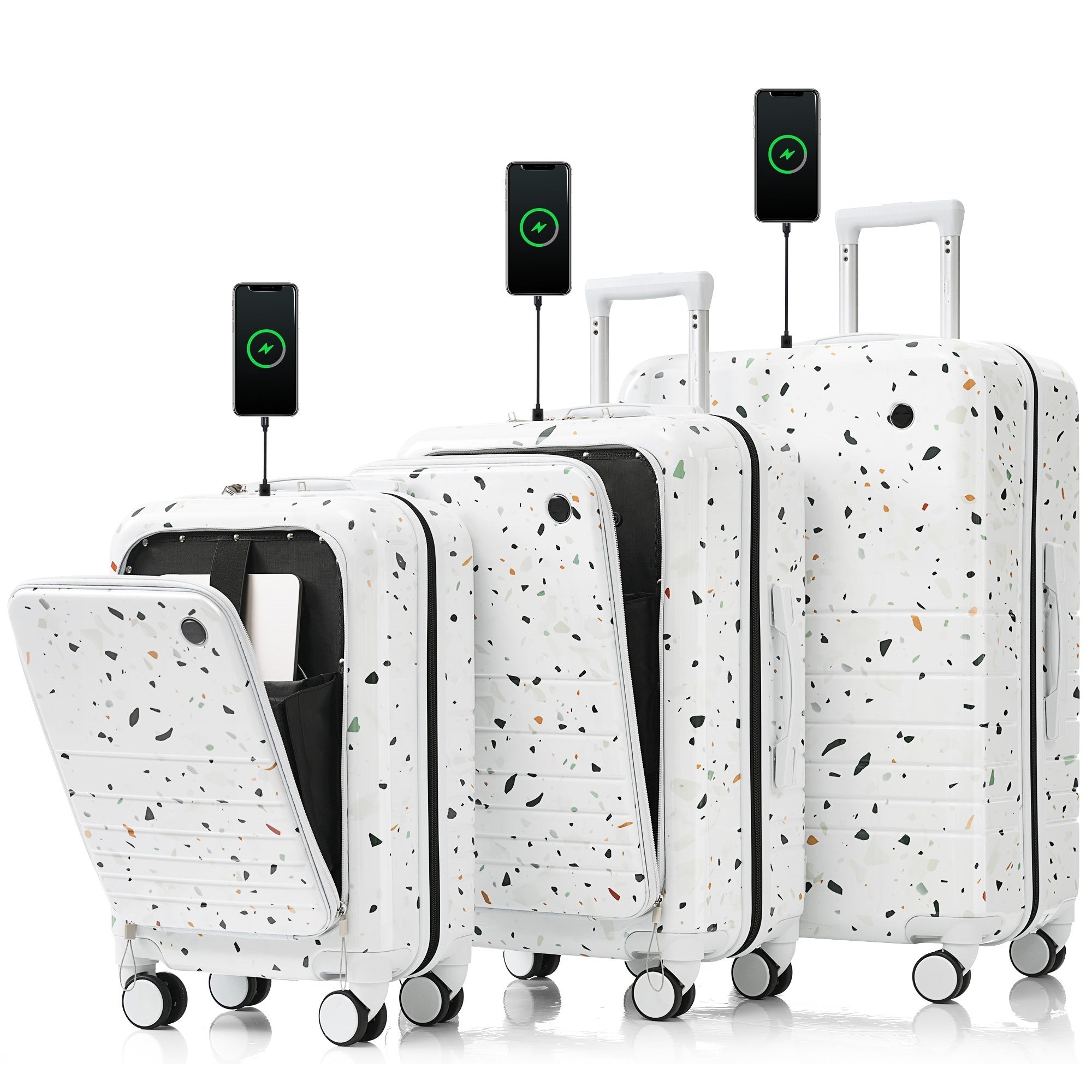 Luggage Set of 3, 20, 24, 28inch with USB Port, 20, 24inch with front opening design Airline Certified Carry on Luggage with Cup Holder, ABS+PC Hard Shell Luggage with Spinner Wheels, starry sky white