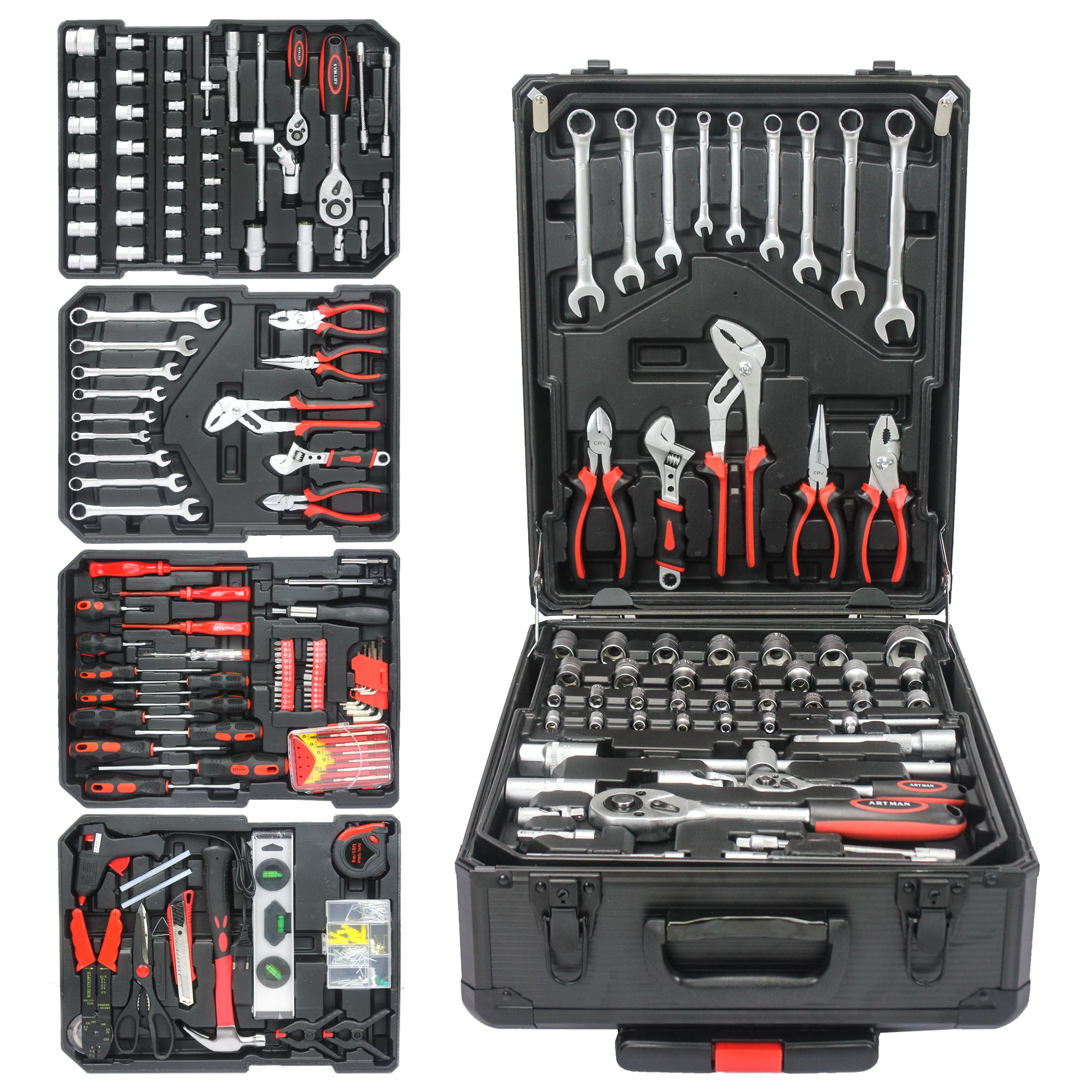 899-Piece Home Repair Tool Set with Rolling Plastic Toolbox, 4 Drawers, General Household Maintenance Kit for Garden, Homeowner, Handyman, Black