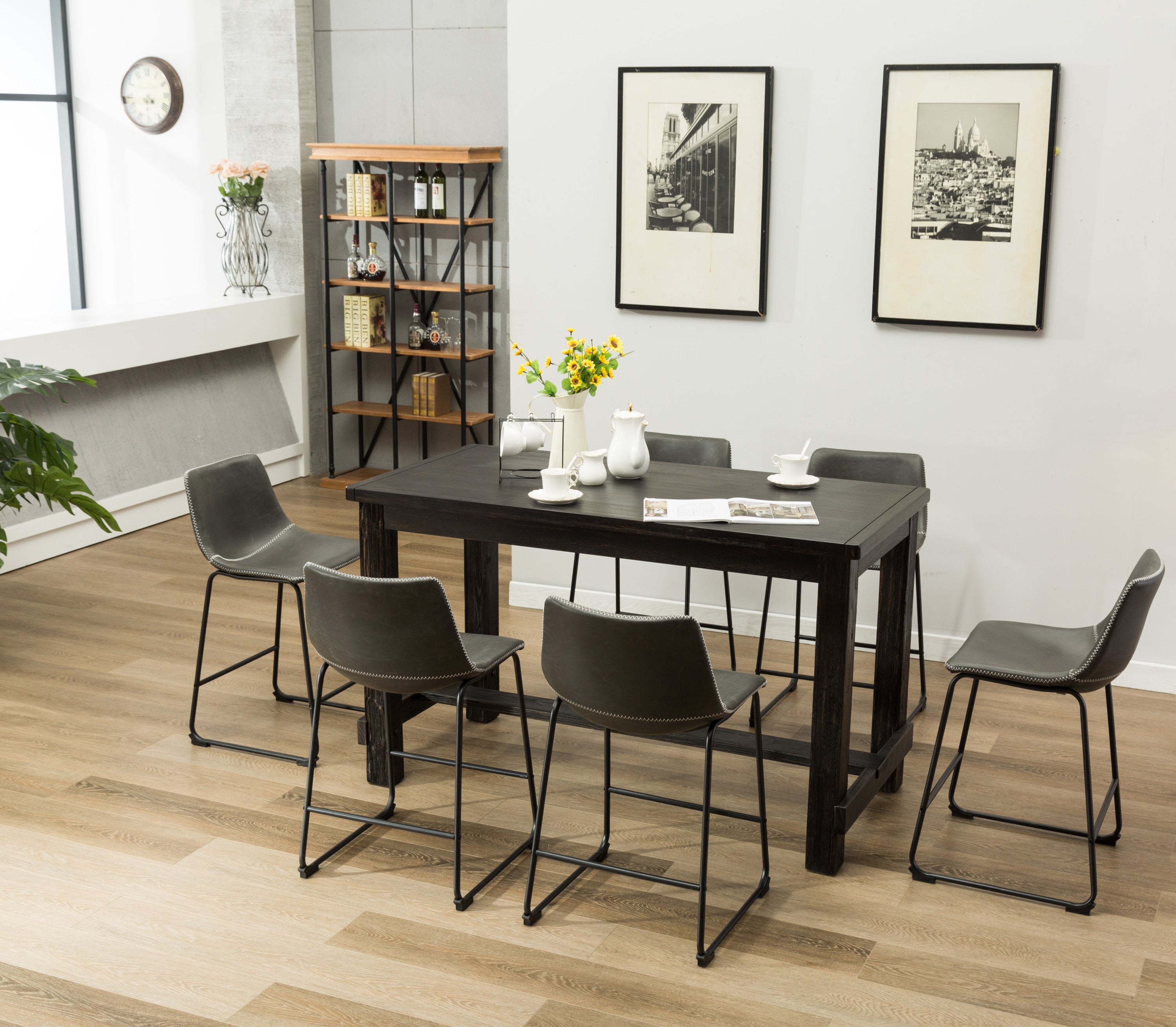 Bronco Antique Wood Finished Counter Height Dining Set: Table and Six Gray Chairs