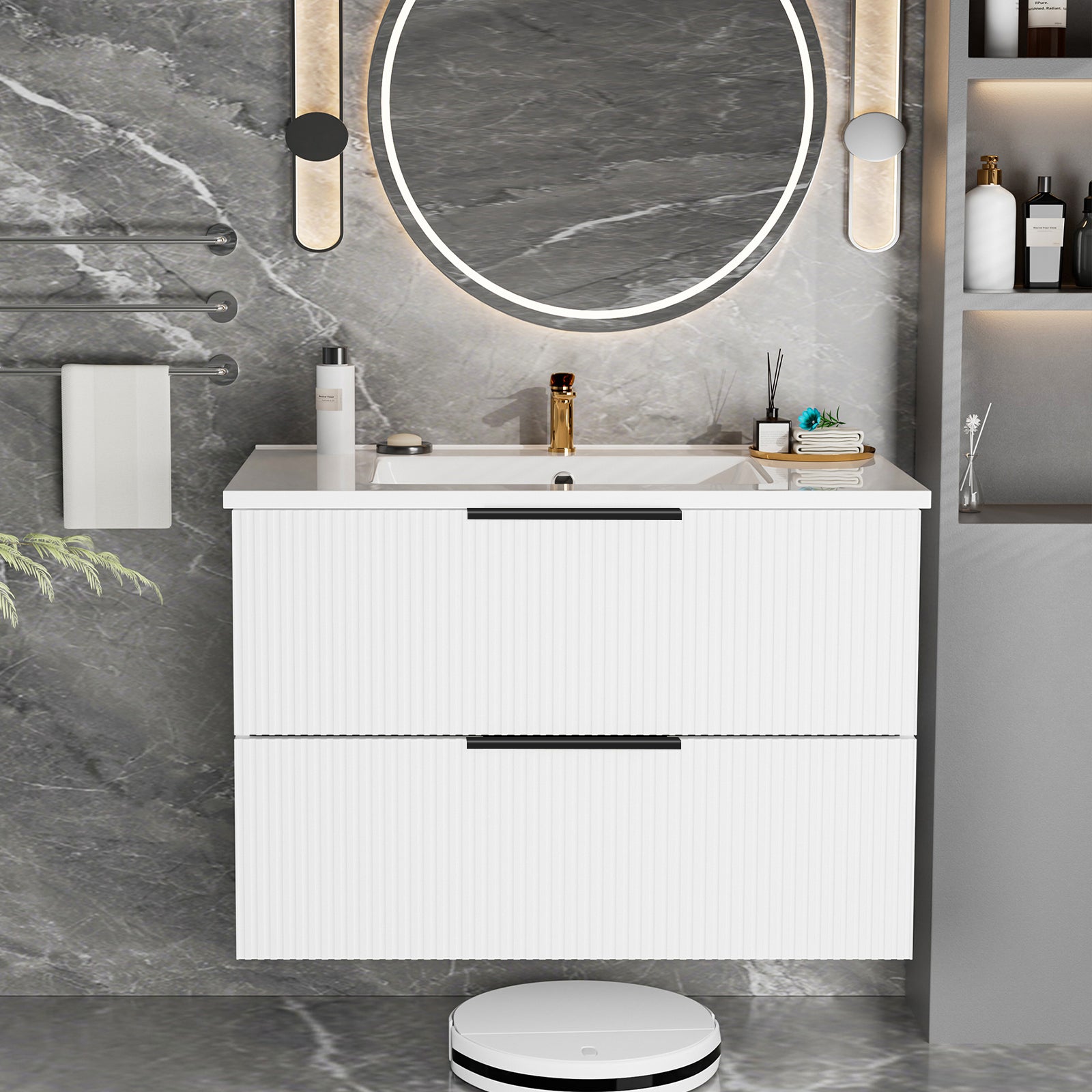 36 Inch Bathroom Vanity Cabinet With Ceramic Sink - White Wall Mounted Floating Fluted Vanity With Drawers, Modern