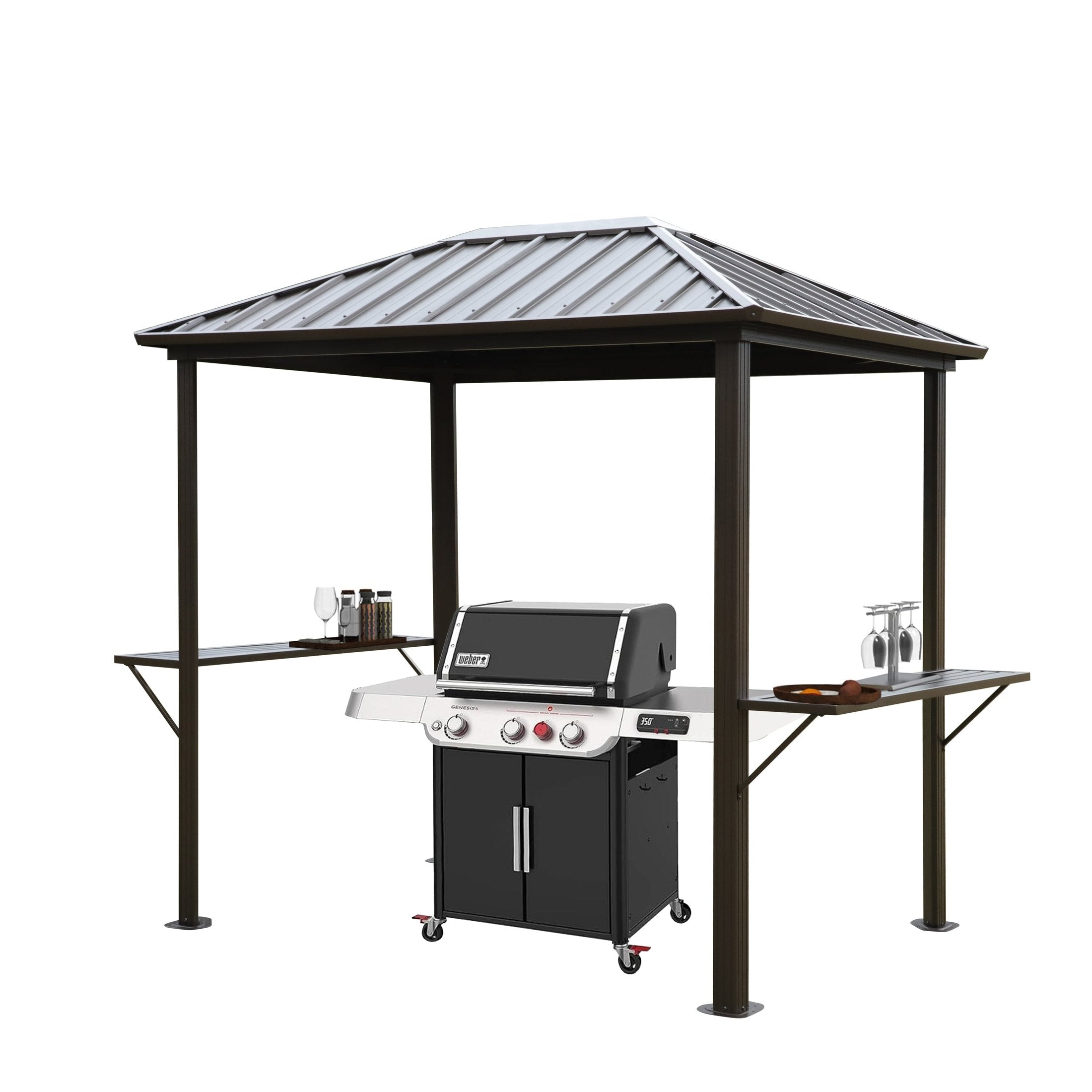 Grill Hardtop Gazebo - Outdoor Metal Hard Top Gazebo, Permanent BBQ Gazebo with Galvanized Steel, Aluminum Framed Pavilion with Shelves