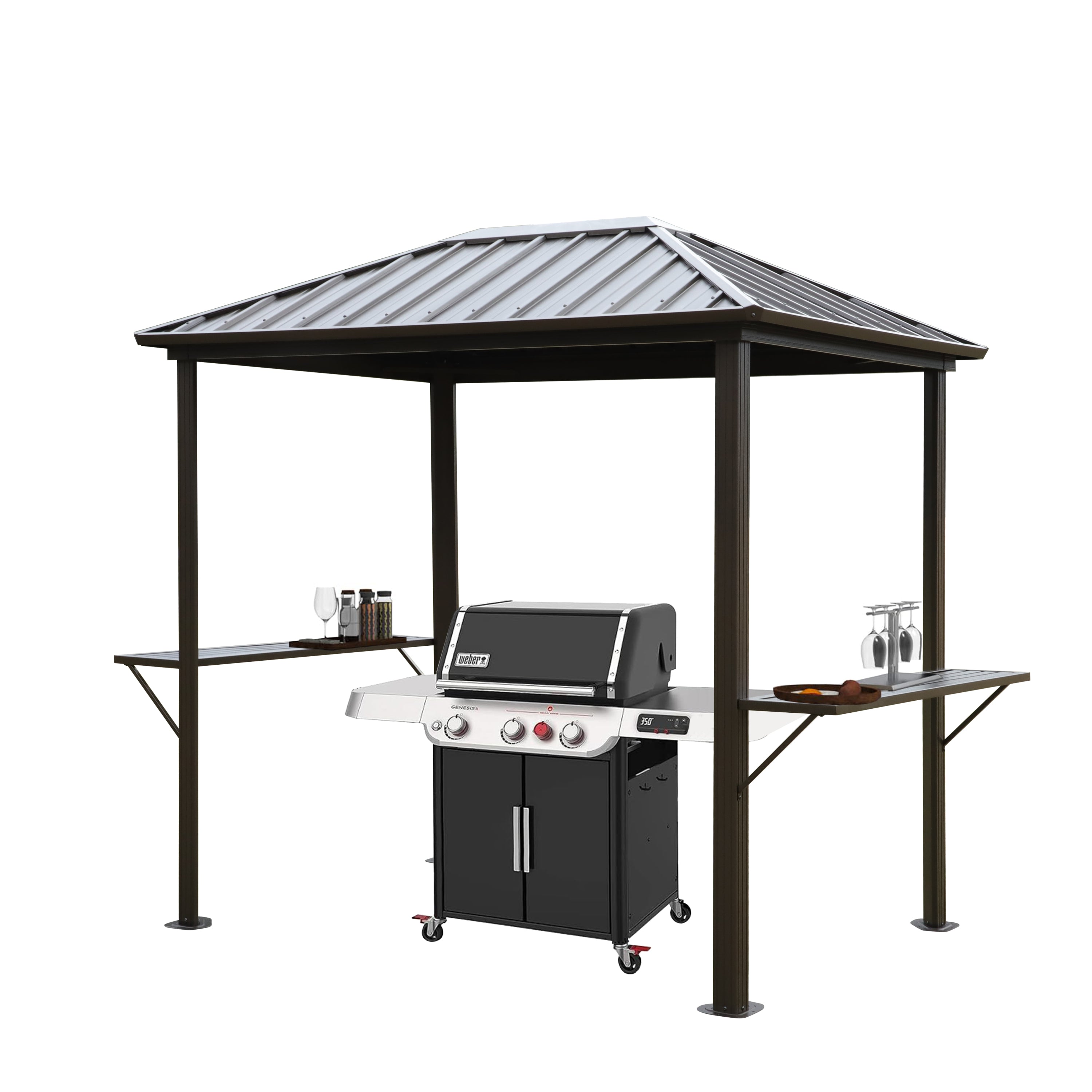 Grill Hardtop Gazebo - Outdoor Metal Hard Top Gazebo, Permanent BBQ Gazebo with Galvanized Steel, Aluminum Framed Pavilion with Shelves
