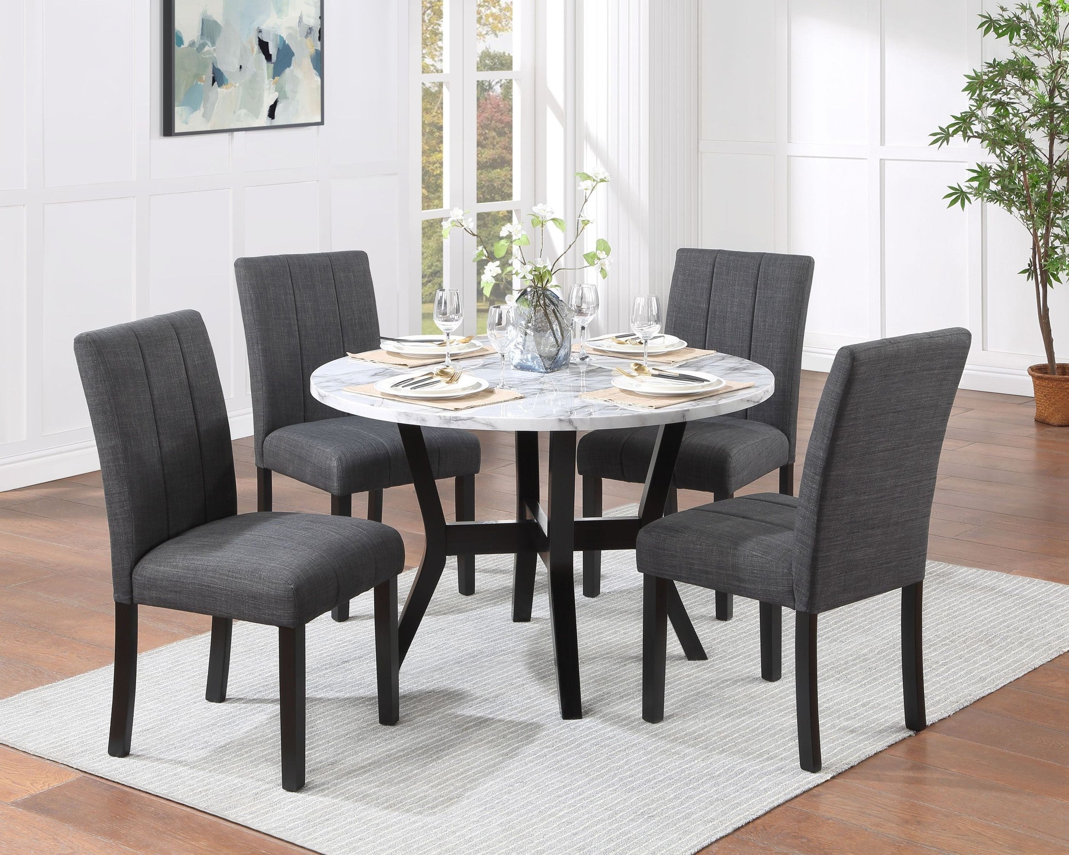 Kusa 5PC Pack Dining Set W/Engineering Stone Top & Black Finish