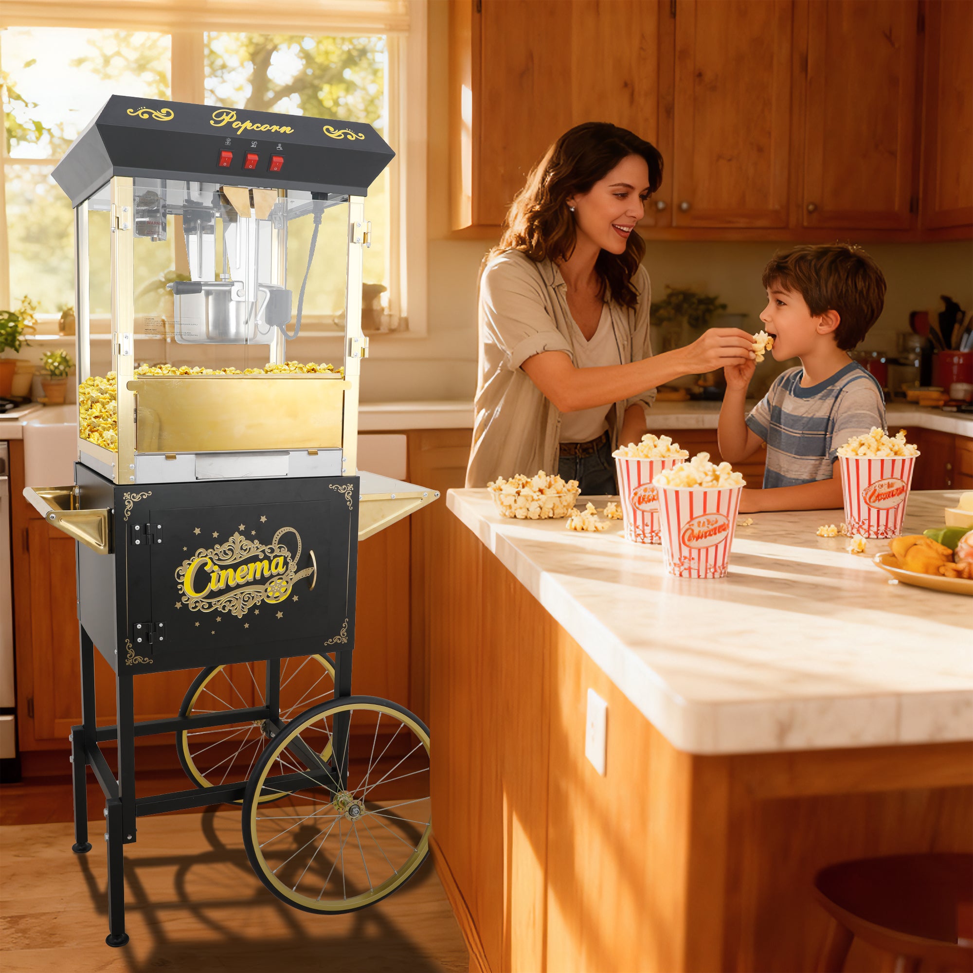 16Oz Commercial Popcorn Machine With Cart and 16 Oz Kettle , Movie Theater Popcorn Machine, Black Golden Pop Corn Machine with 3-Switch Control & Steel Frame Tempered Glass Doors