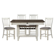 Antique White and Rosy-Brown Counter Height Dining 5pc Set Counter Height Table w Storage Display Shelf 4x Drawers Wine Rack and 4x Counter Height Chairs