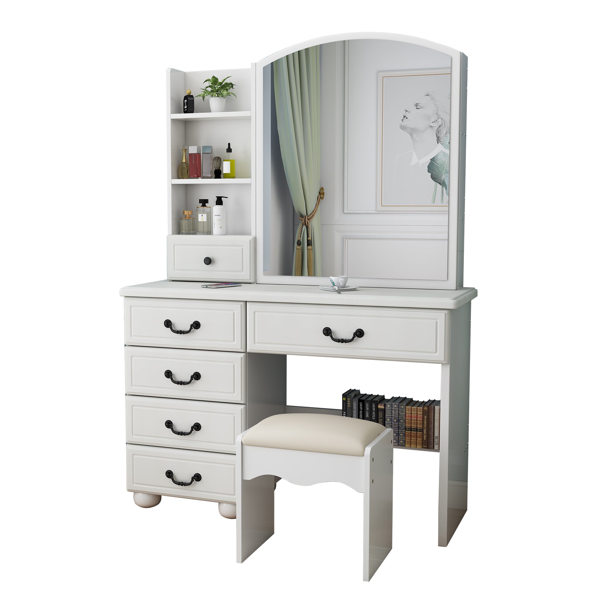 Fashion Vanity Desk with Mirror and Adjustable Lighting in White MDF, 6 Drawers, 3 Color Light Modes