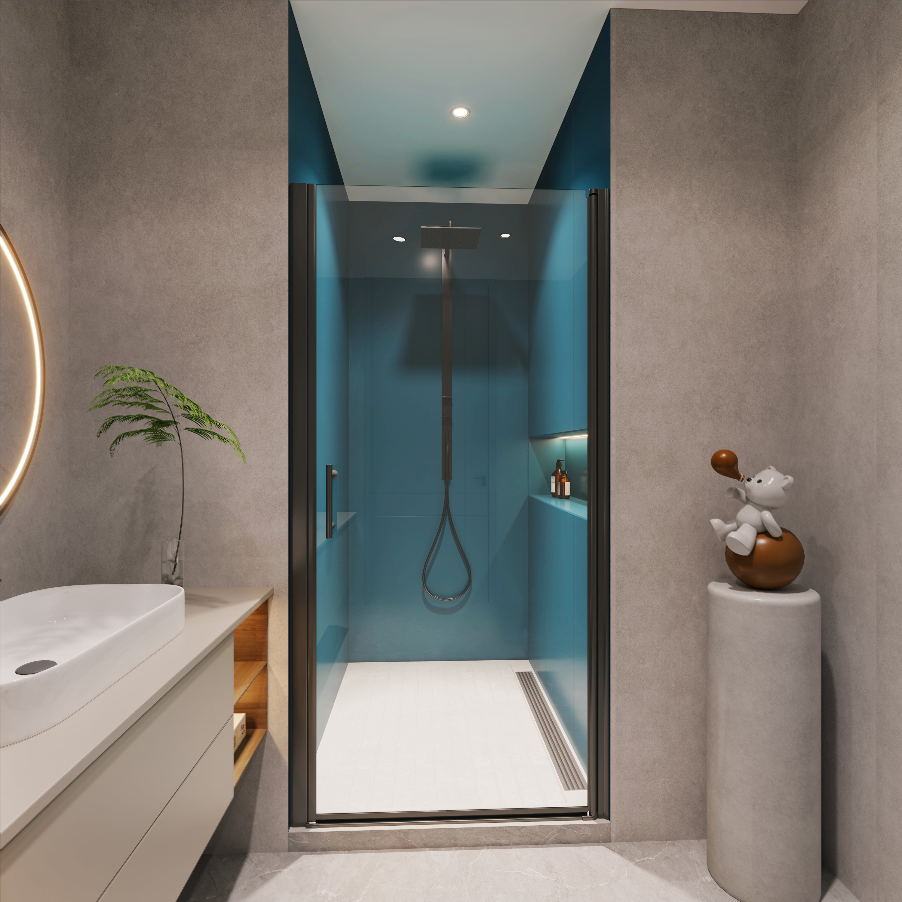 1 3/8' adjustment,universal pivot shower door, open outside, with 1/4' tempered glass and Matted black finish 2472