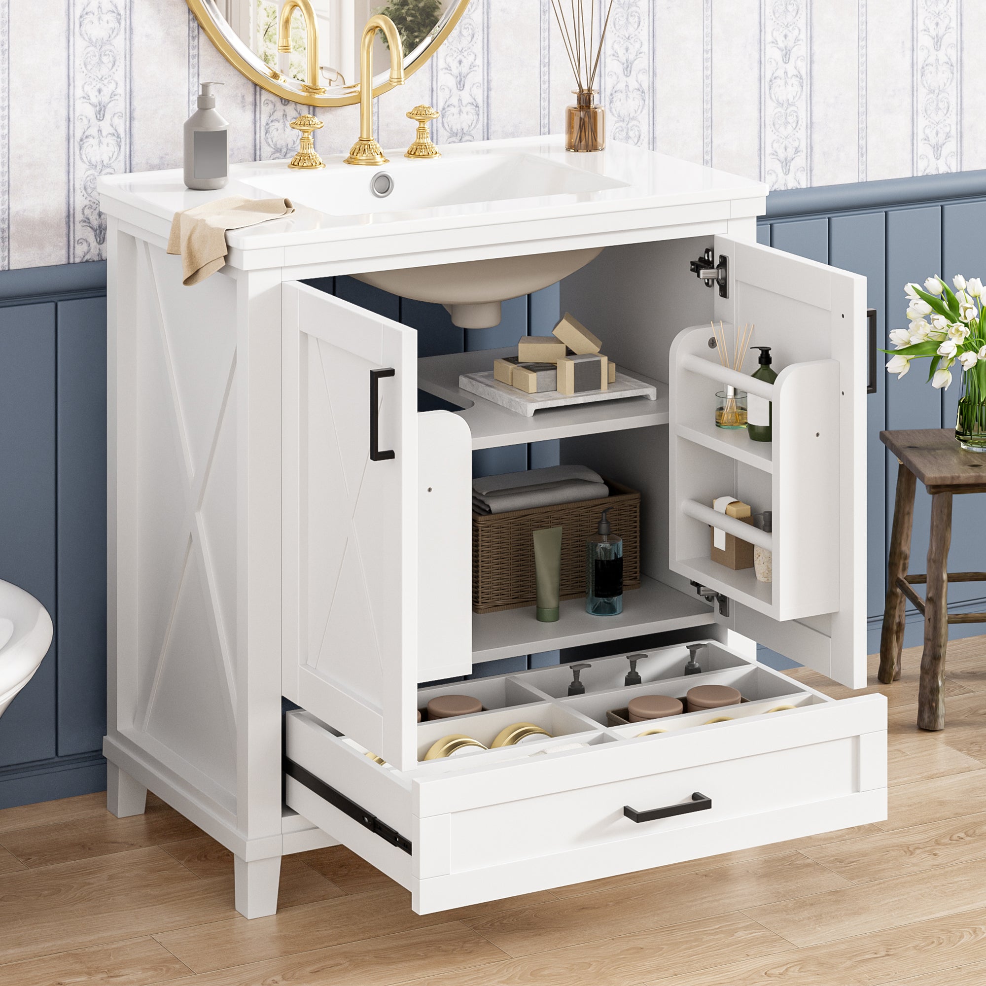 30-inch Bathroom Vanity with Single Sink, Solid Wood Frame + MDF, 2 Soft-Close Doors, 1 Divided Drawer, Dual Storage Shelves, Ample Storage Space, Ideal for Small to Medium Bathrooms