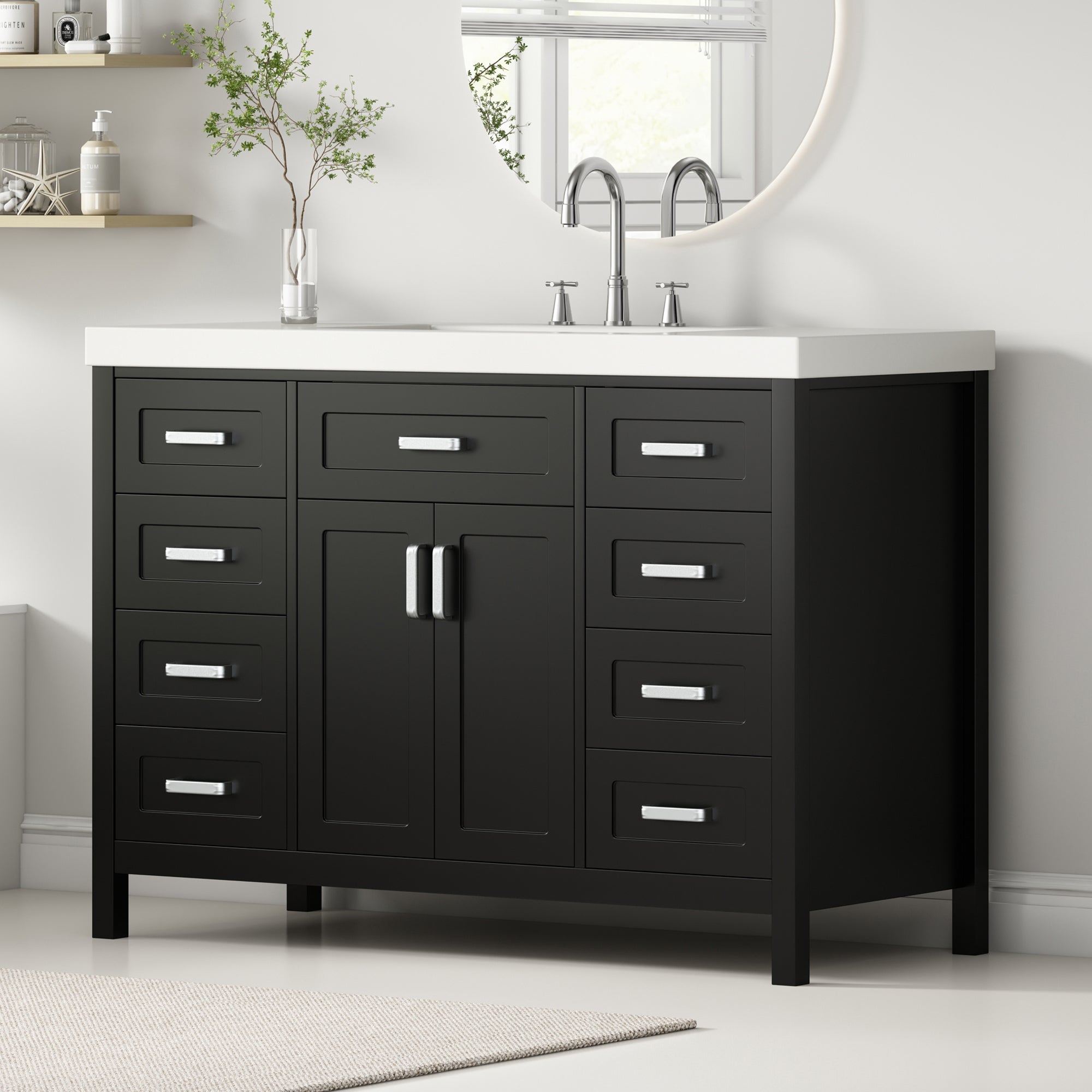 [Video] 48' Bathroom Vanity with Sink, 2 Doors and 8 Drawers, Soft Close System, Classic Design, Black