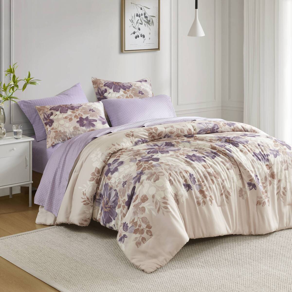 Floral Comforter Set with Bed Sheets Taupe Twin