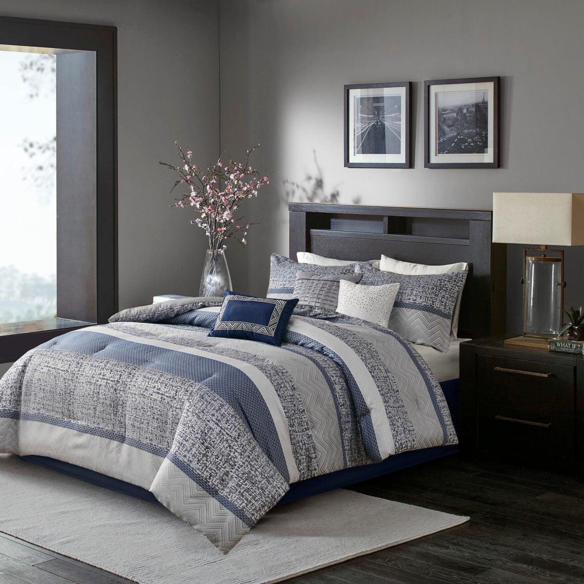 7 Piece Jacquard Comforter Set Navy Queen