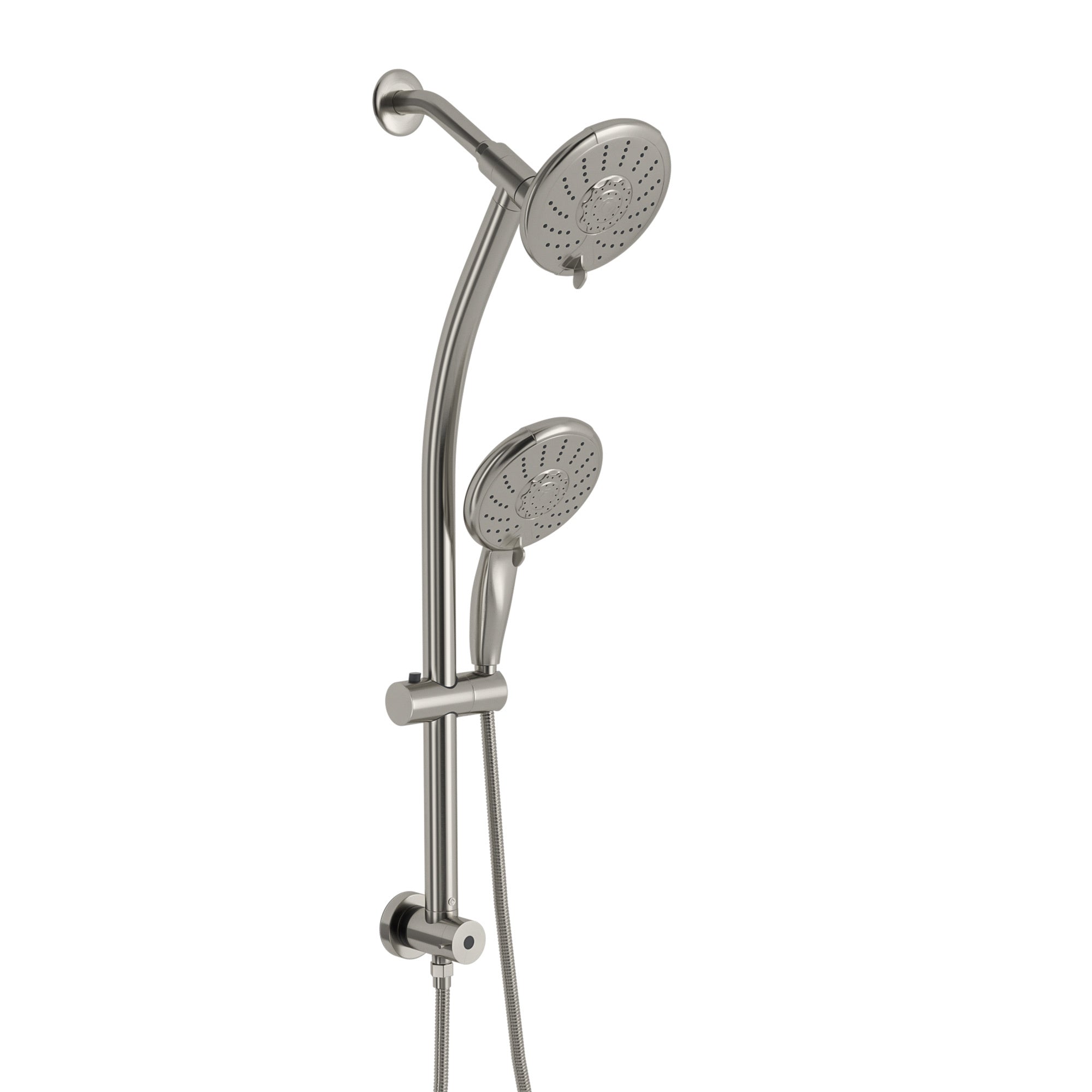 Brushed Nickel Dual Shower Head with Adjustable Slide Bar and Multi-Function Settings