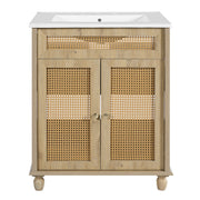 30-Inch Bathroom Vanity with Handwoven Rattan Doors, Solid Wood Legs, Resin Basin in Natural Wood Finish