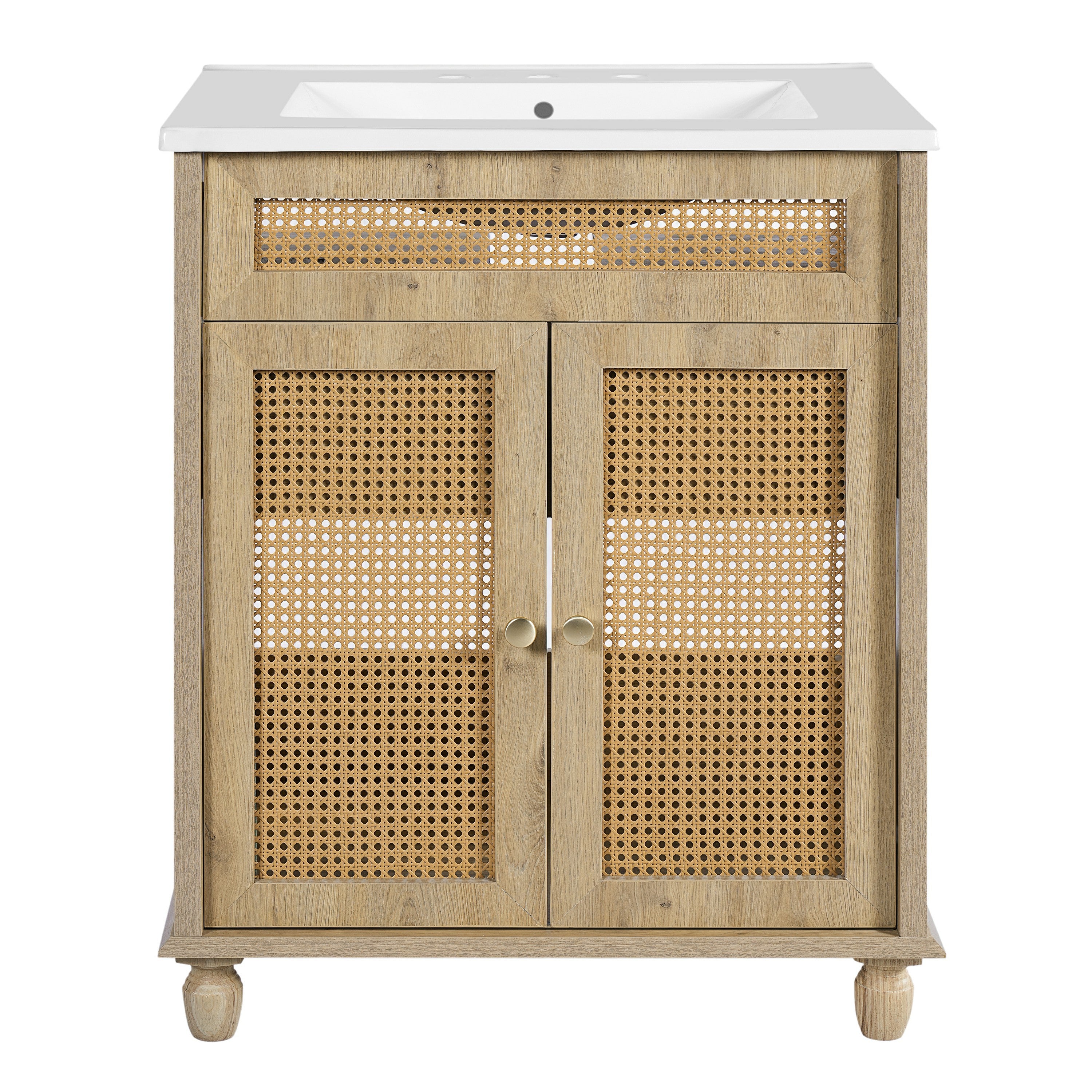 30-Inch Bathroom Vanity with Handwoven Rattan Doors, Solid Wood Legs, Resin Basin in Natural Wood Finish
