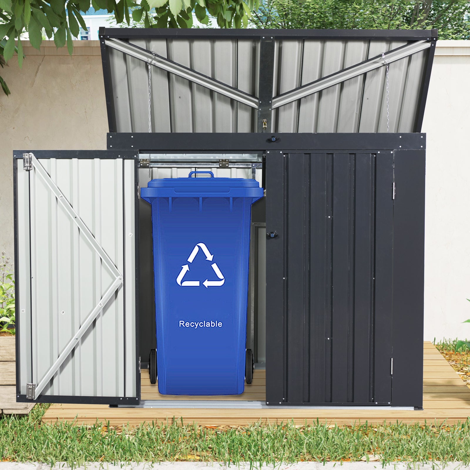 Garbage Bin Shed Stores 2 Trash Cans Metal Outdoor Bin Shed for Garbage Storage,Stainless Galvanized Steel, Bin Shed for Garden Yard Lawn, Black (W540P176424 ) Upgraded version