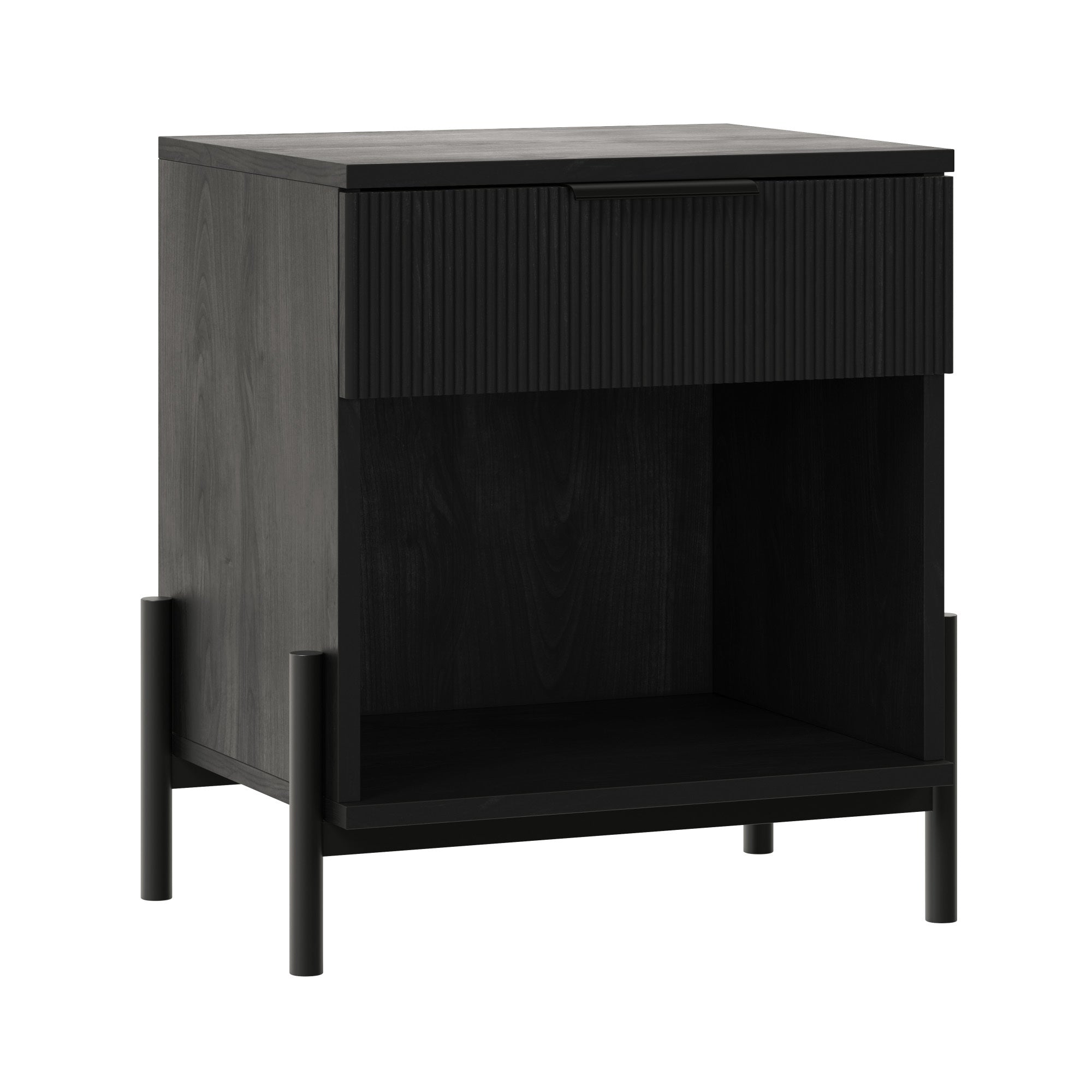 Modern Fluted-Drawer Nightstand with Open Cubby – Black