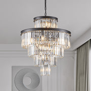(Same as W1340P188535/L5002-600-B) 24' Luxury Crystal Chandelier with Black Finish – Elegant 15-Light 5 Tier Pendant Light Fixture for Living Room, Dining Room, or Entryway (Bulb Not Included)