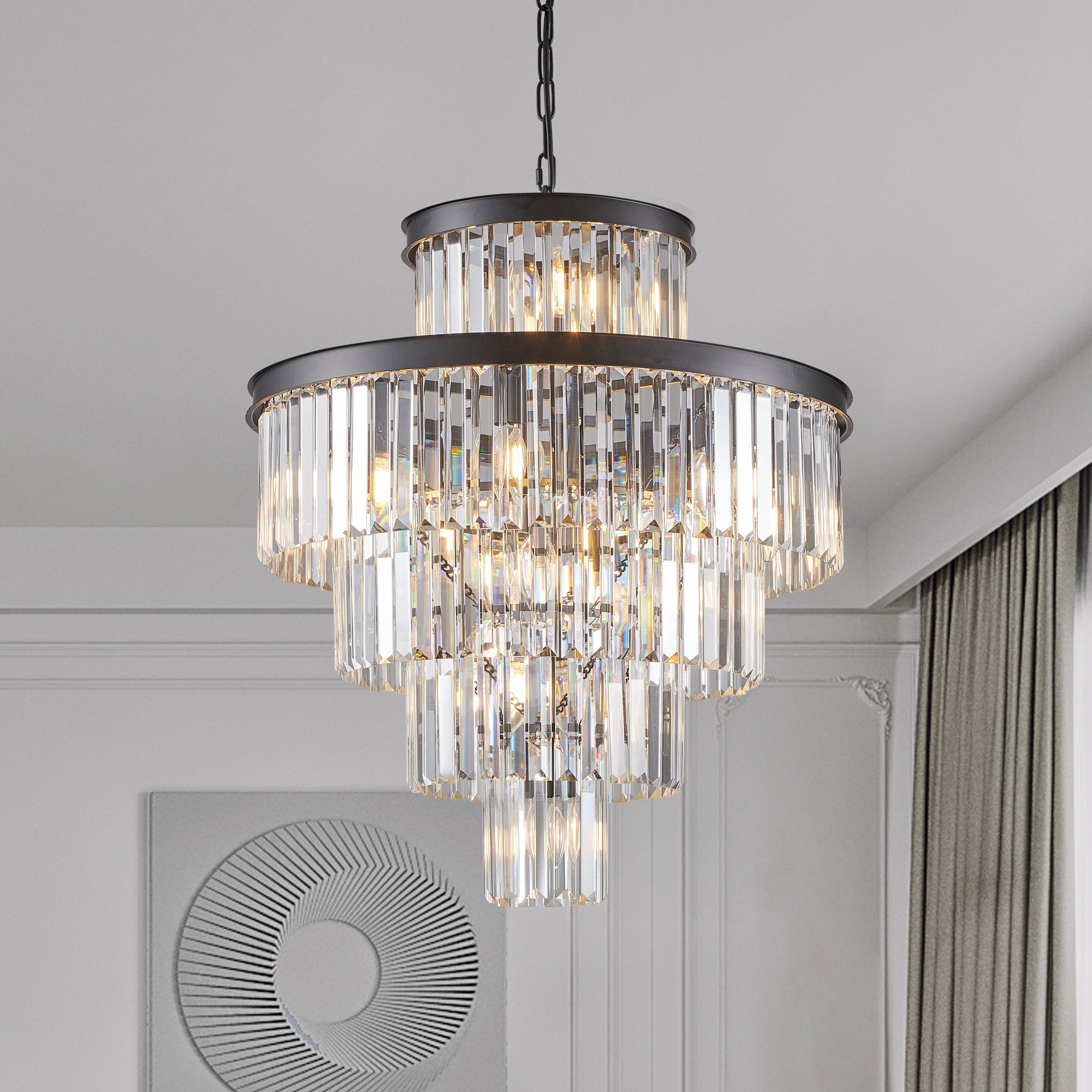 (Same as W1340P188535/L5002-600-B) 24' Luxury Crystal Chandelier with Black Finish – Elegant 15-Light 5 Tier Pendant Light Fixture for Living Room, Dining Room, or Entryway (Bulb Not Included)