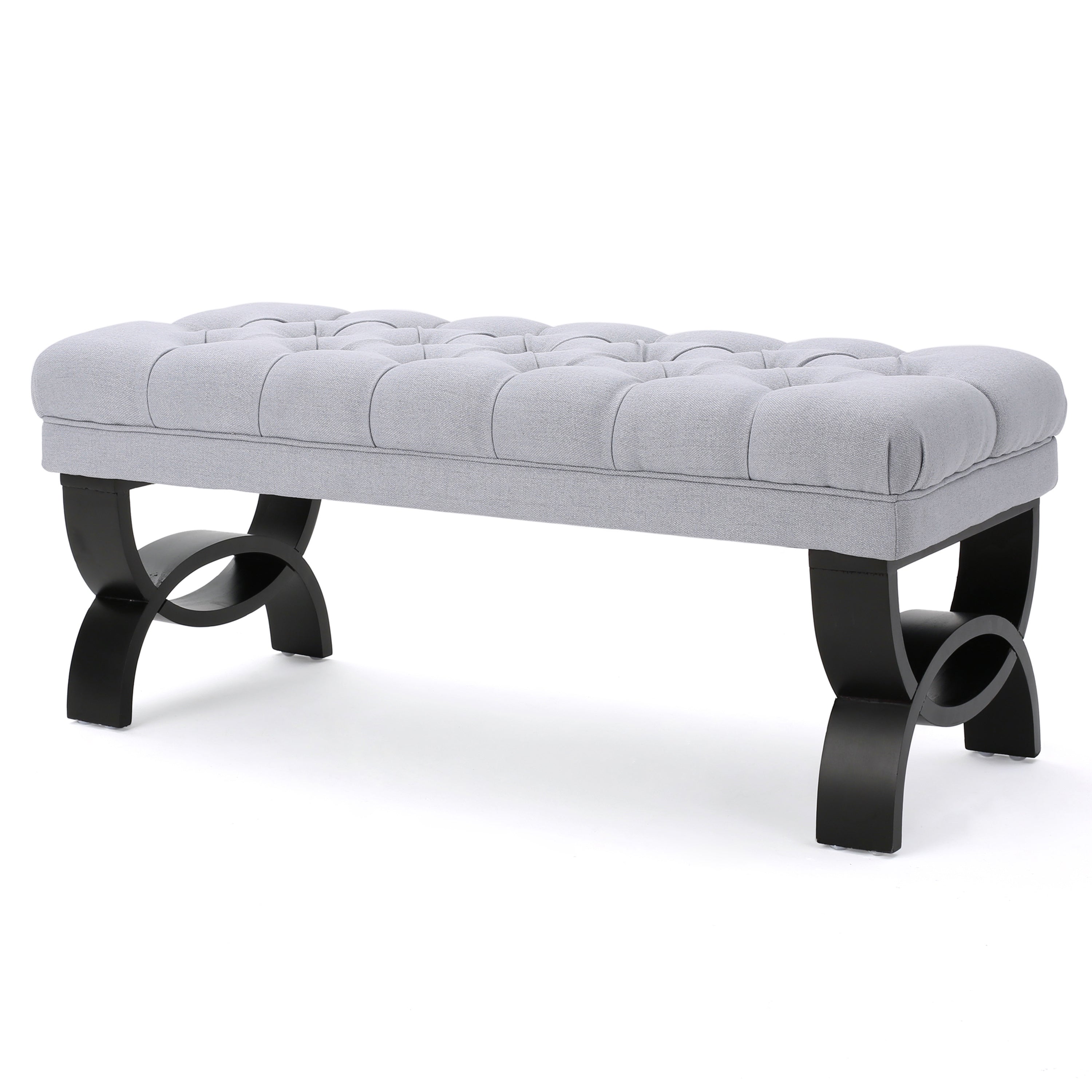HILTON Ottoman Bench with Classic Button Tufting in Light Grey Fabric