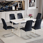 Table and chair set.55'x31.4' Cream-Style White MDF Dining Table Set with 6 Black Chairs With Silver Metal Legs.MDF Tabletop and metal frame legs.Adding a warm and gentle atmosphere to your family.