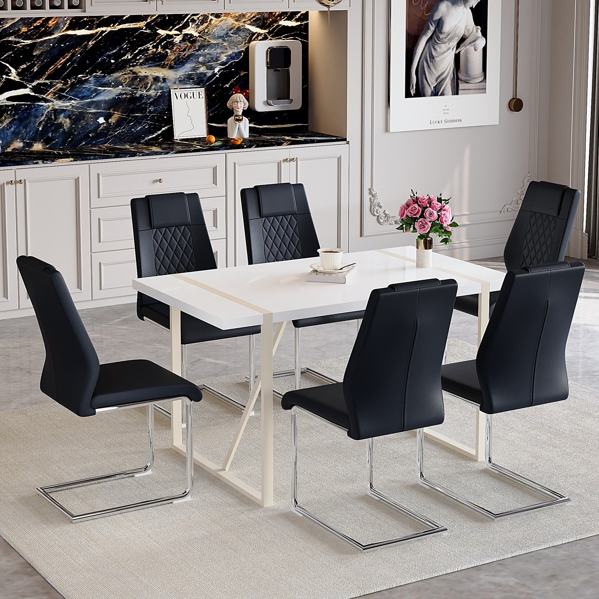 Table and chair set.55'x31.4' Cream-Style White MDF Dining Table Set with 6 Black Chairs With Silver Metal Legs.MDF Tabletop and metal frame legs.Adding a warm and gentle atmosphere to your family.